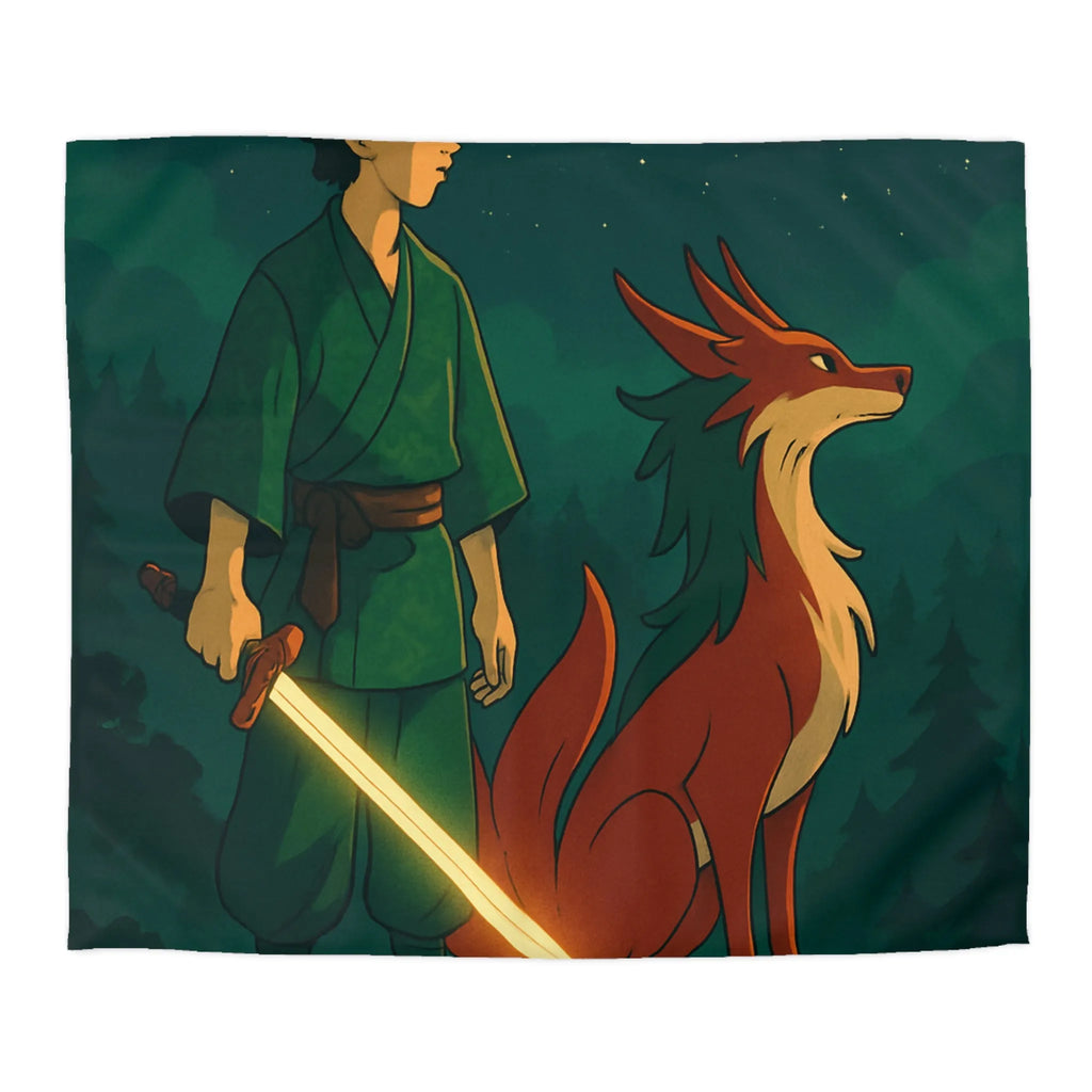 Housse de couette épique avec lune rouge, scène mystique et créature légendaire