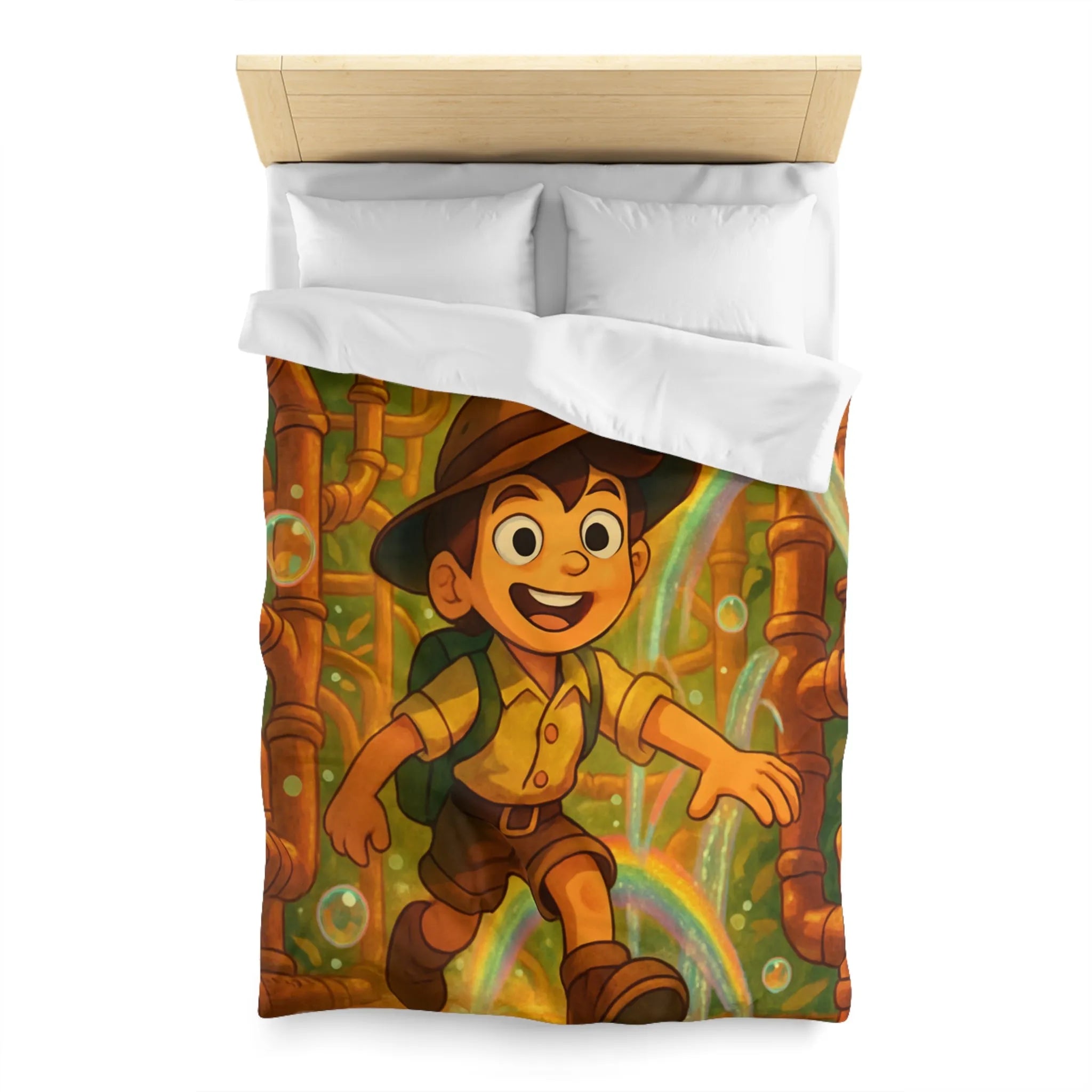 Housse de couette enfantine : garçon explorateur, tuyaux dorés, arcs-en-ciel et bulles joyeuses