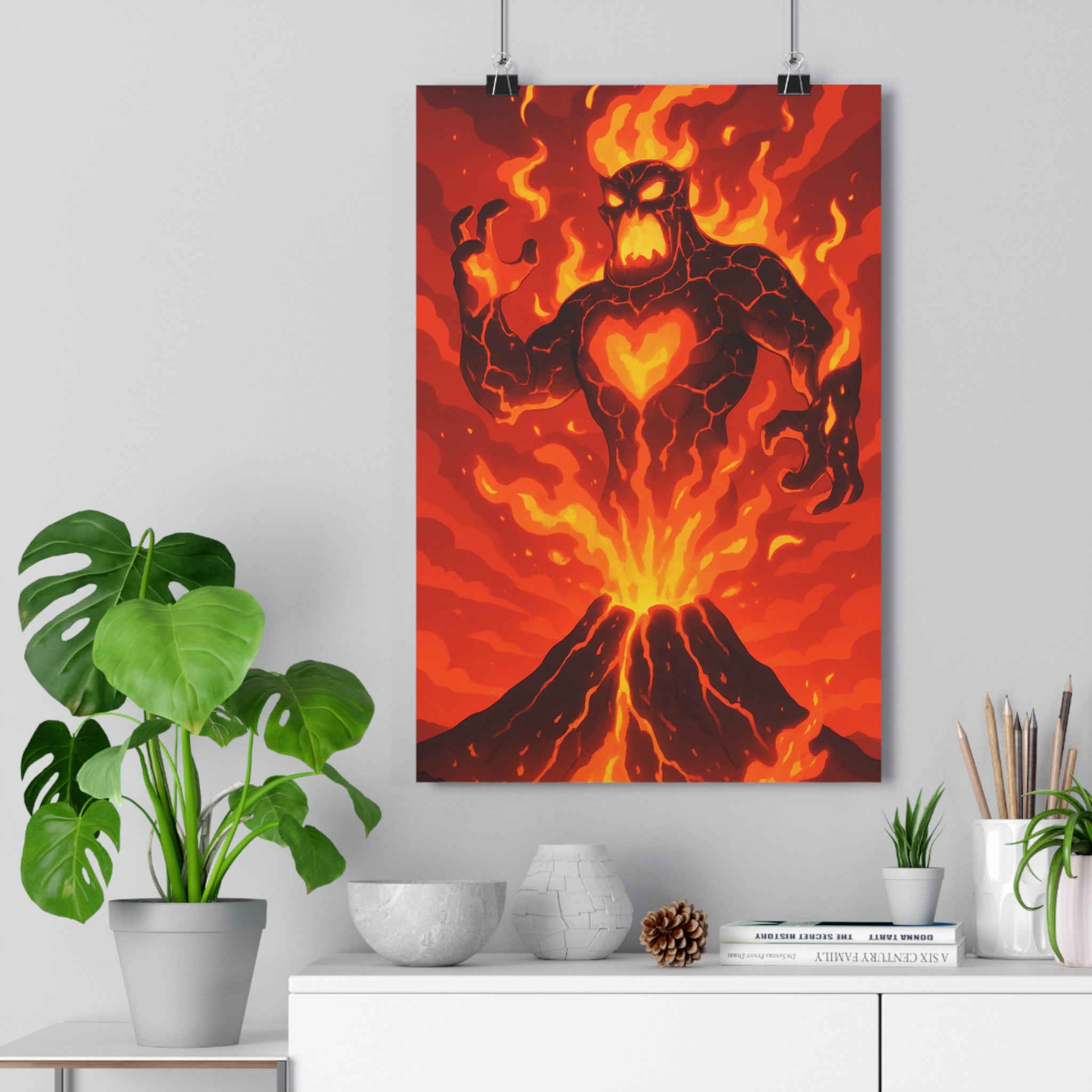 Poster décoratif cartoon rouge orange volcan feu titan chambre salon bureau dynamique intense qualité