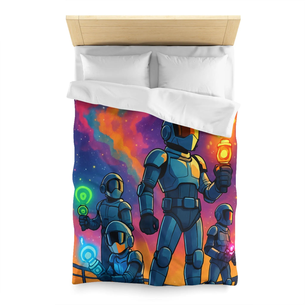 Housse de couette futuriste colorée avec quatre astronautes sous galaxie vibrante et étoilée