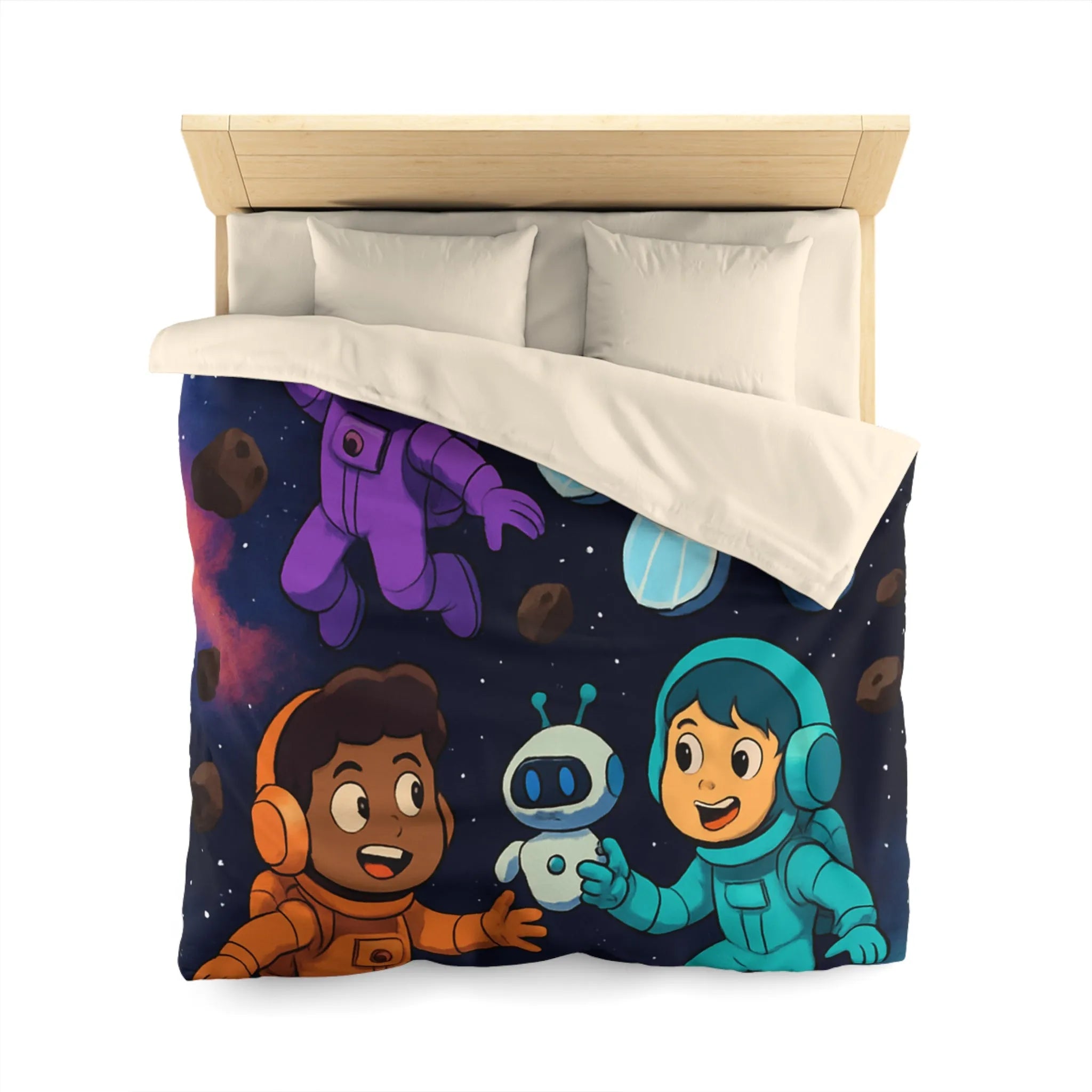 Housse de couette inspirée espace enfants, astronautes colorés, étoiles et planètes joyeuses
