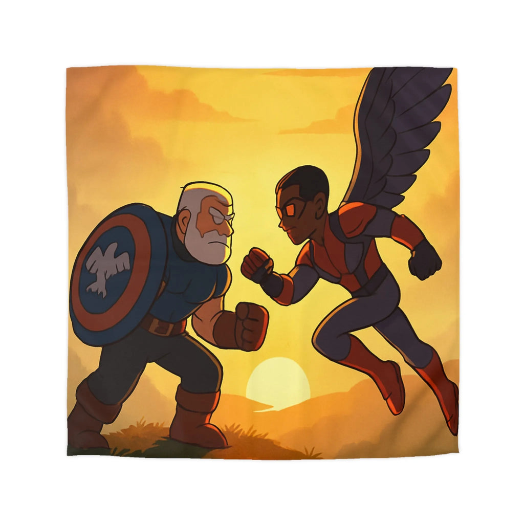 Housse de couette épique avec scène de combat héroïque au coucher du soleil