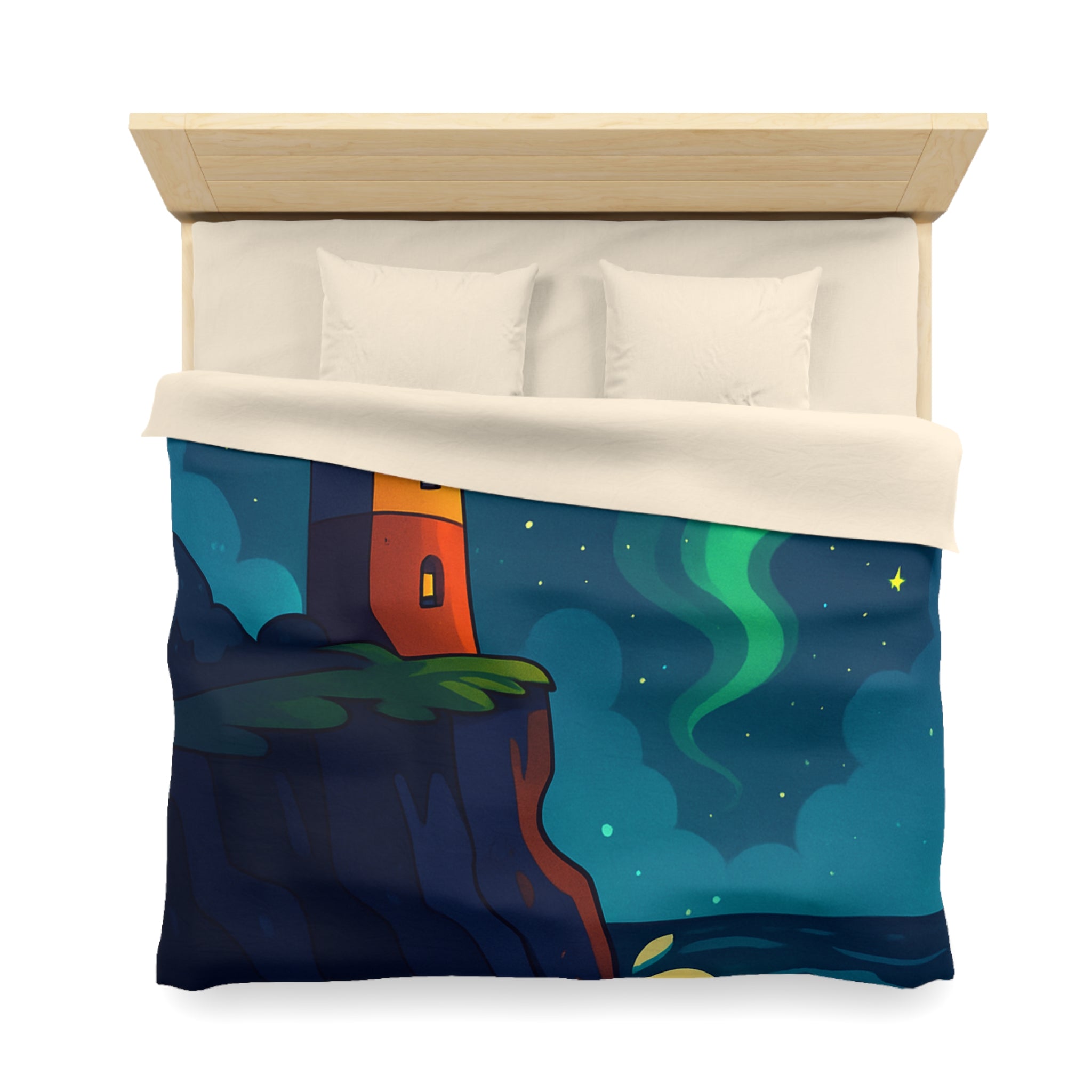 Housse de couette phare rouge illuminant océan étoilé, paysage nocturne inspirant rêve.