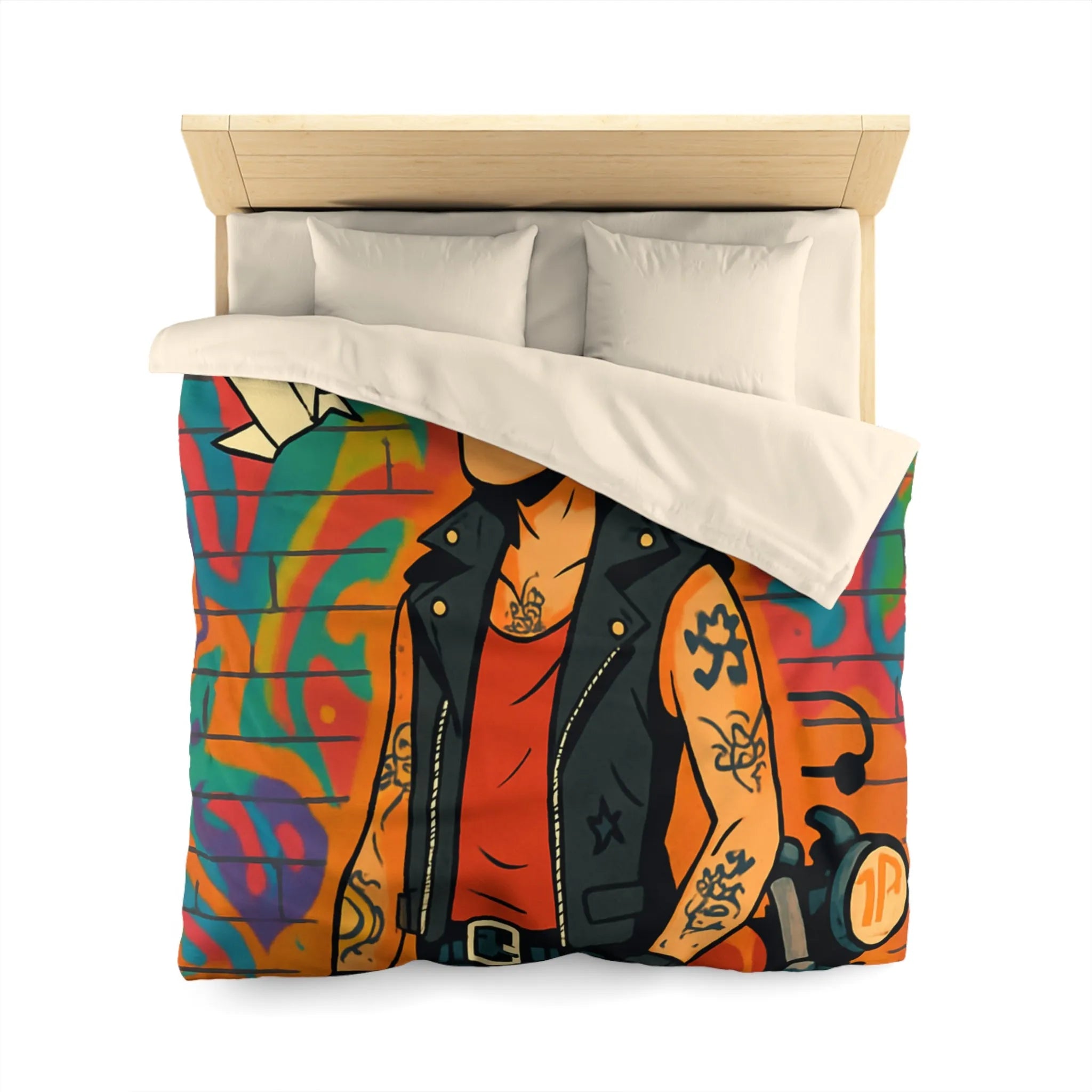 Housse de couette avec imprimé punk, moto et graffitis, ambiance urbaine colorée