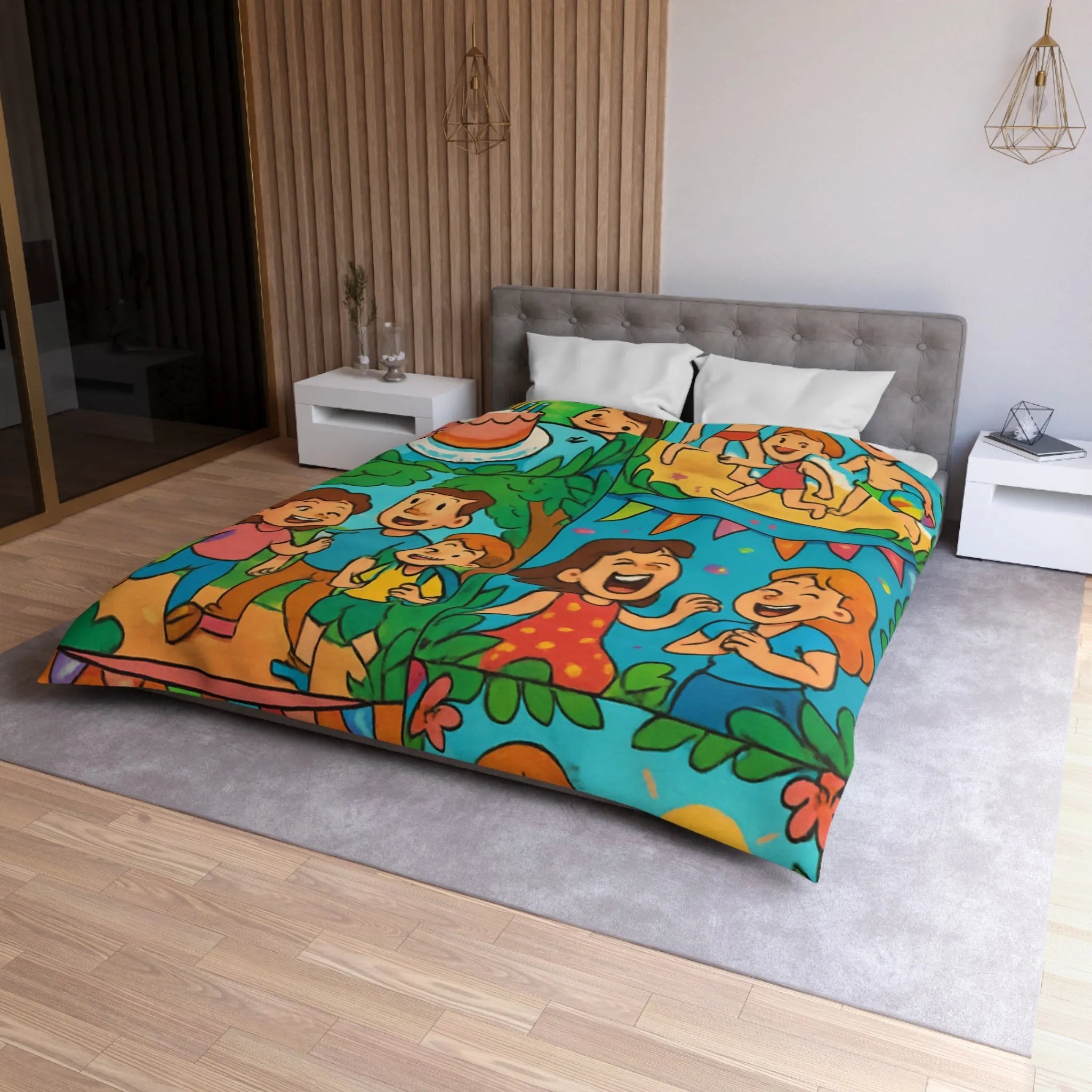 Housse de couette colorée avec scènes animées joyeuses pour enfants à thème festif