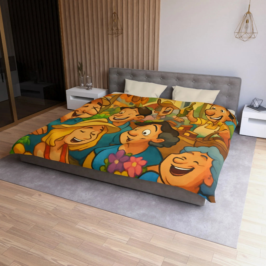 Housse de couette avec illustration joyeuse d'un marché animé et coloré