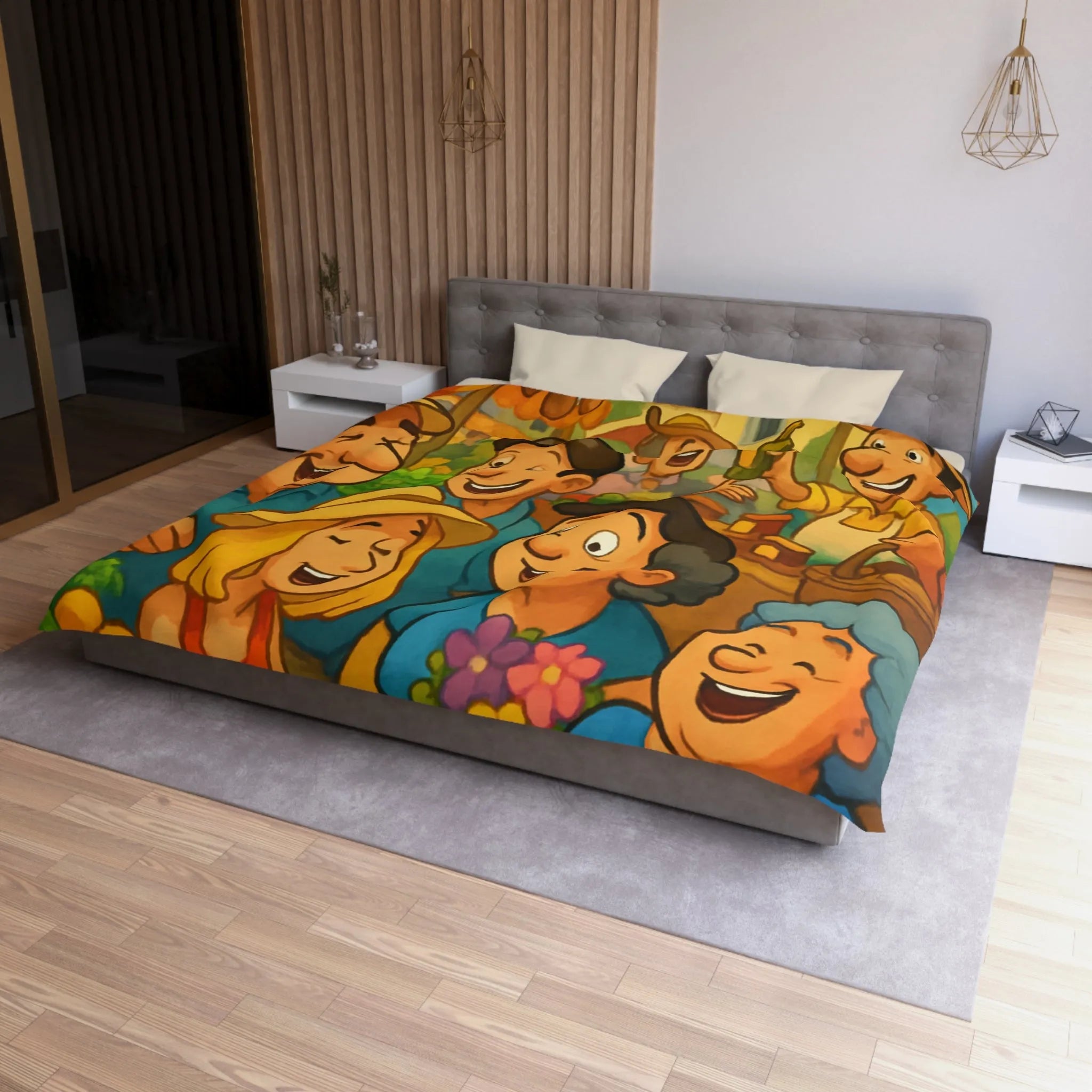 Housse de couette avec illustration joyeuse d'un marché animé et coloré