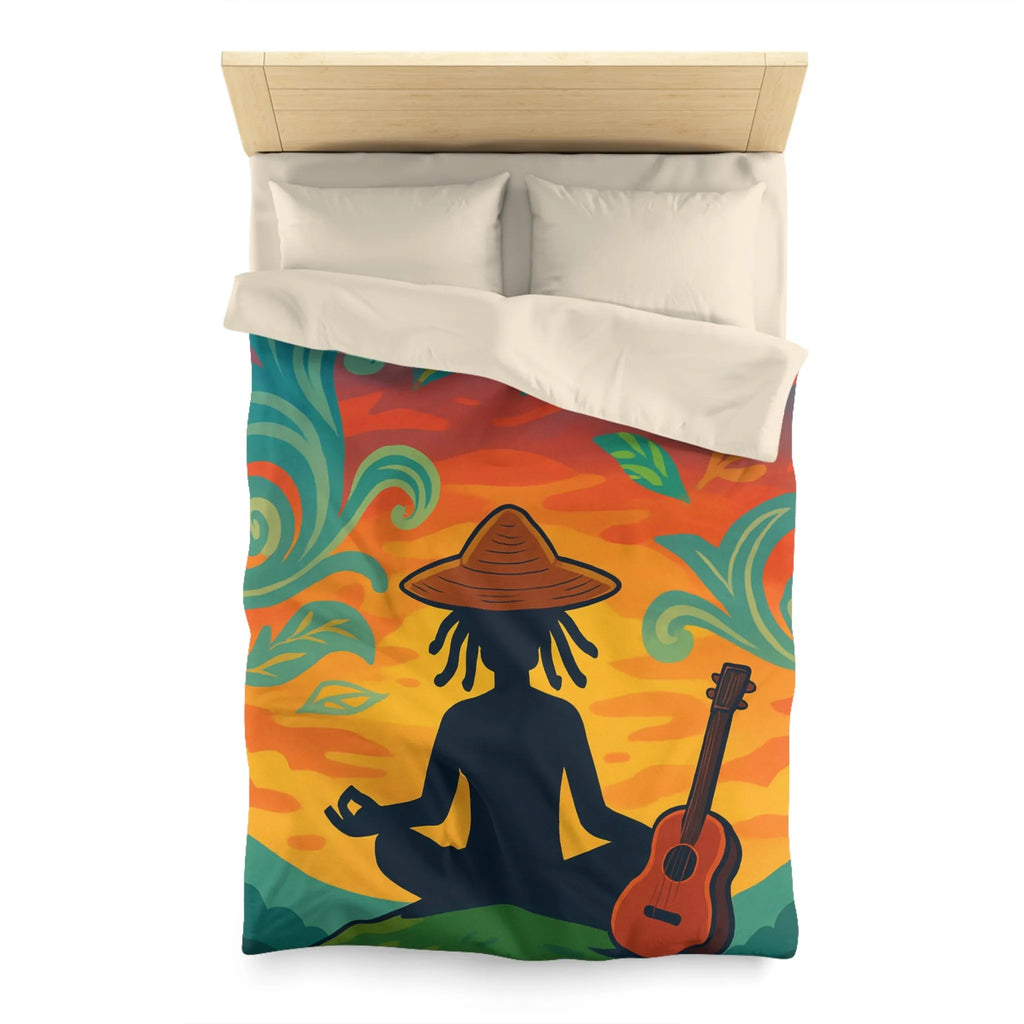 Housse de couette avec silhouette méditative et nature vibrante sous coucher de soleil coloré