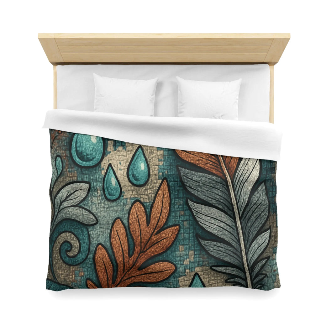 Housse de Couette Élégante avec Plumes et Feuilles, Teintes Bleues et Oranges