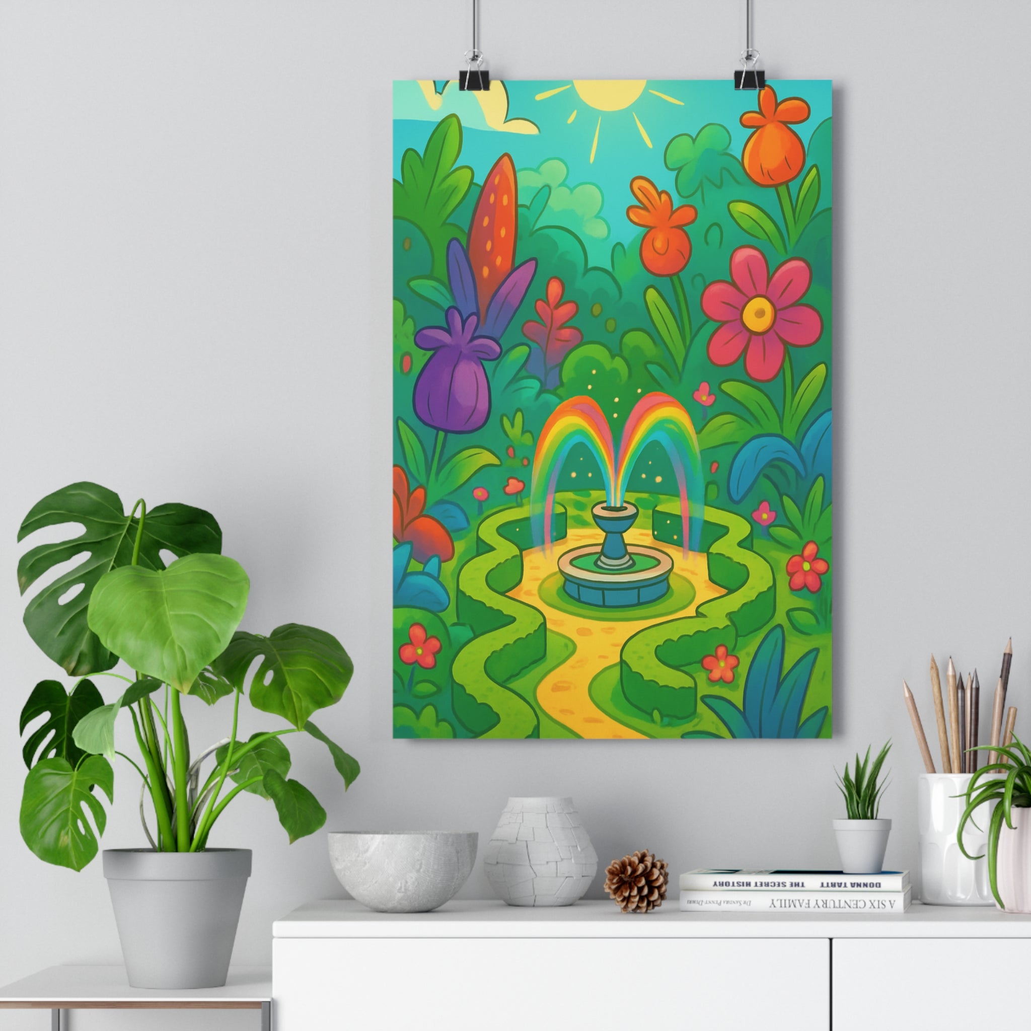 Poster décoratif jardin floral cartoon coloré pastel joyeux chambre enfant salon fantaisie apaisant qualité