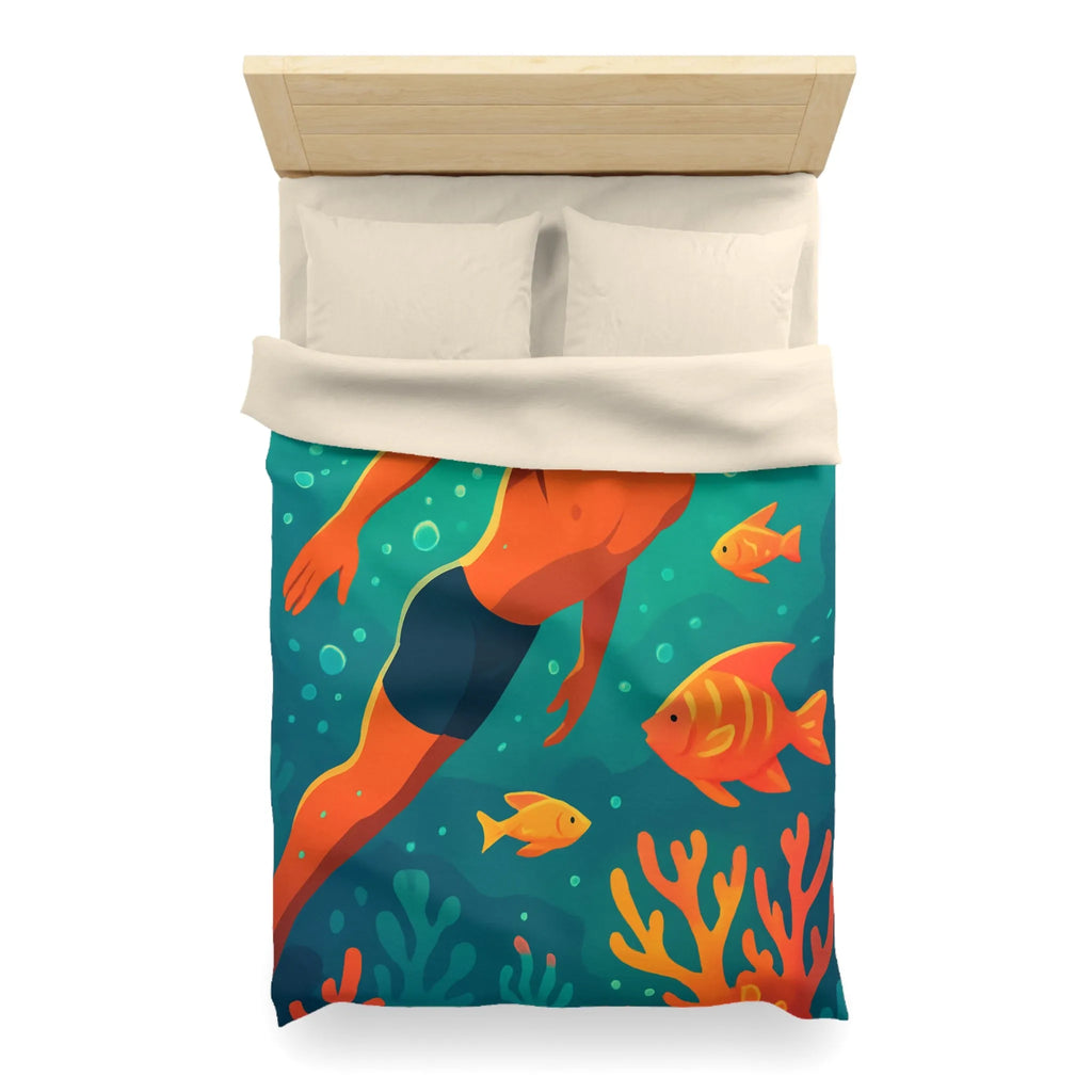 Housse de couette avec motif nageur et poissons tropicaux vifs pour chambre apaisante