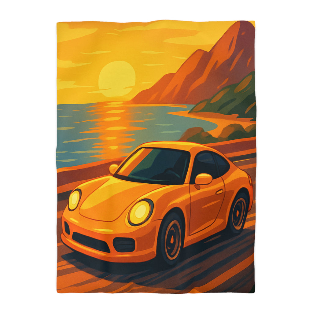 Housse de couette voiture sportive orange route côtière coucher de soleil paysage vibrant