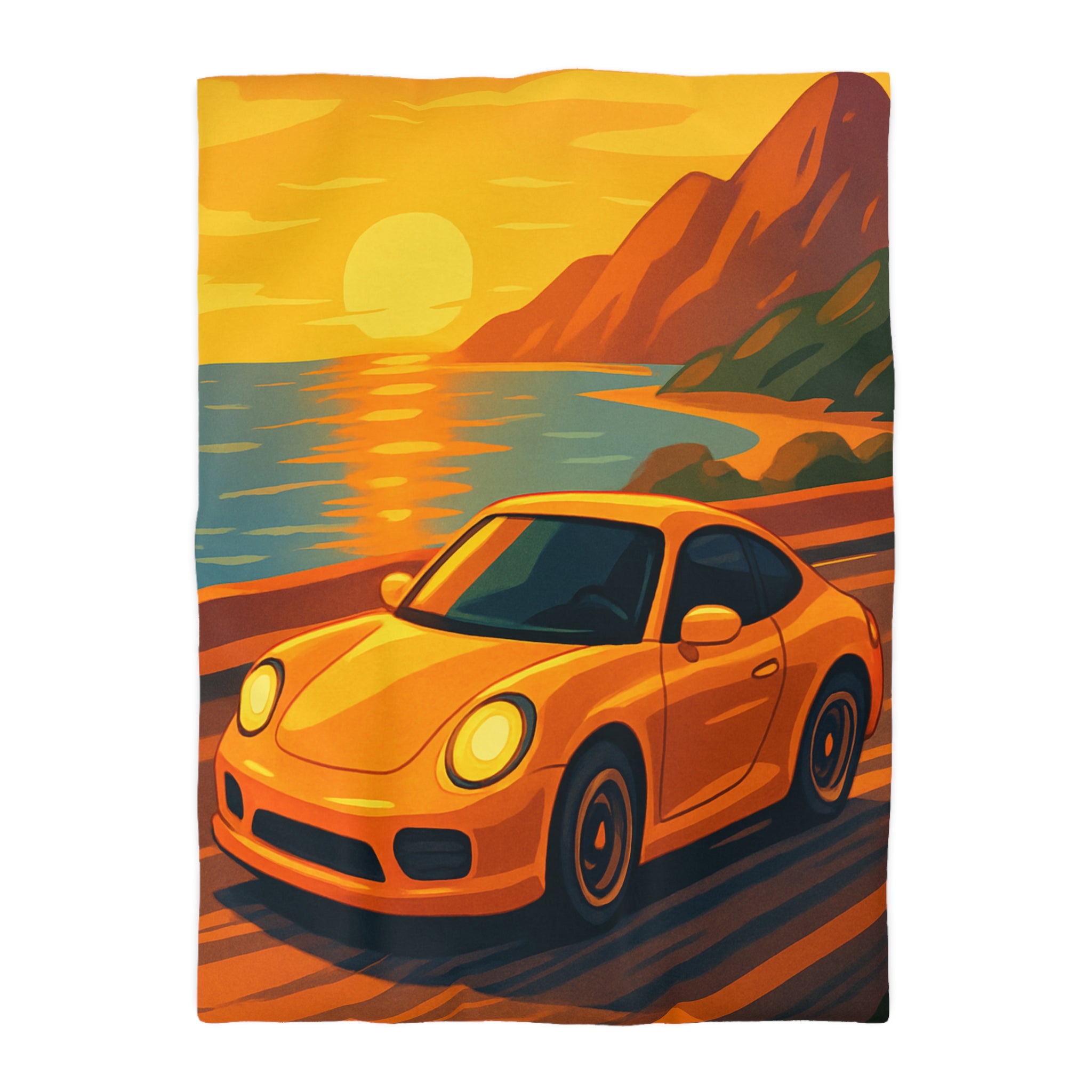 Housse de couette voiture sportive orange route côtière coucher de soleil paysage vibrant