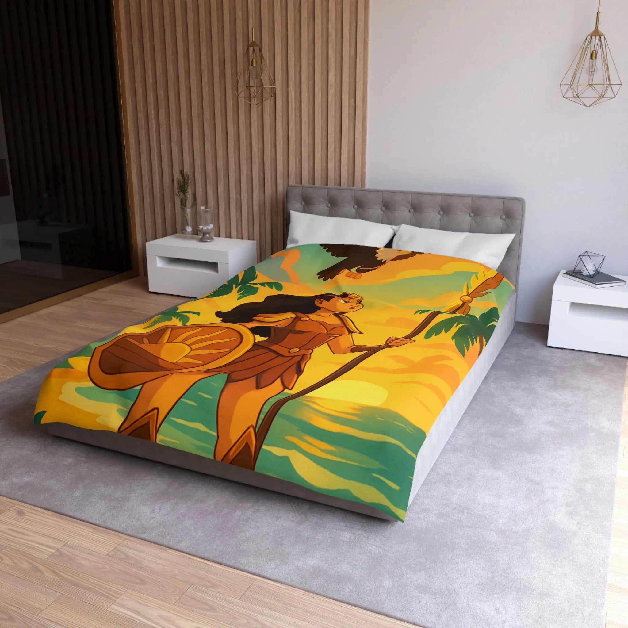 Housse de couette avec guerrière et aigle au coucher du soleil sur la plage