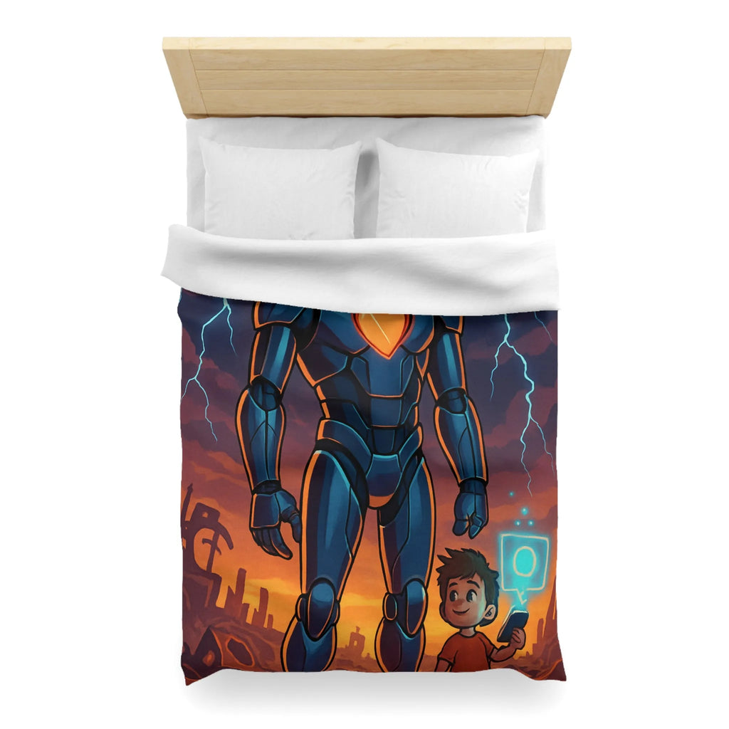 Housse de couette illustrée robot et enfant avec cœur lumineux et ciel orageux