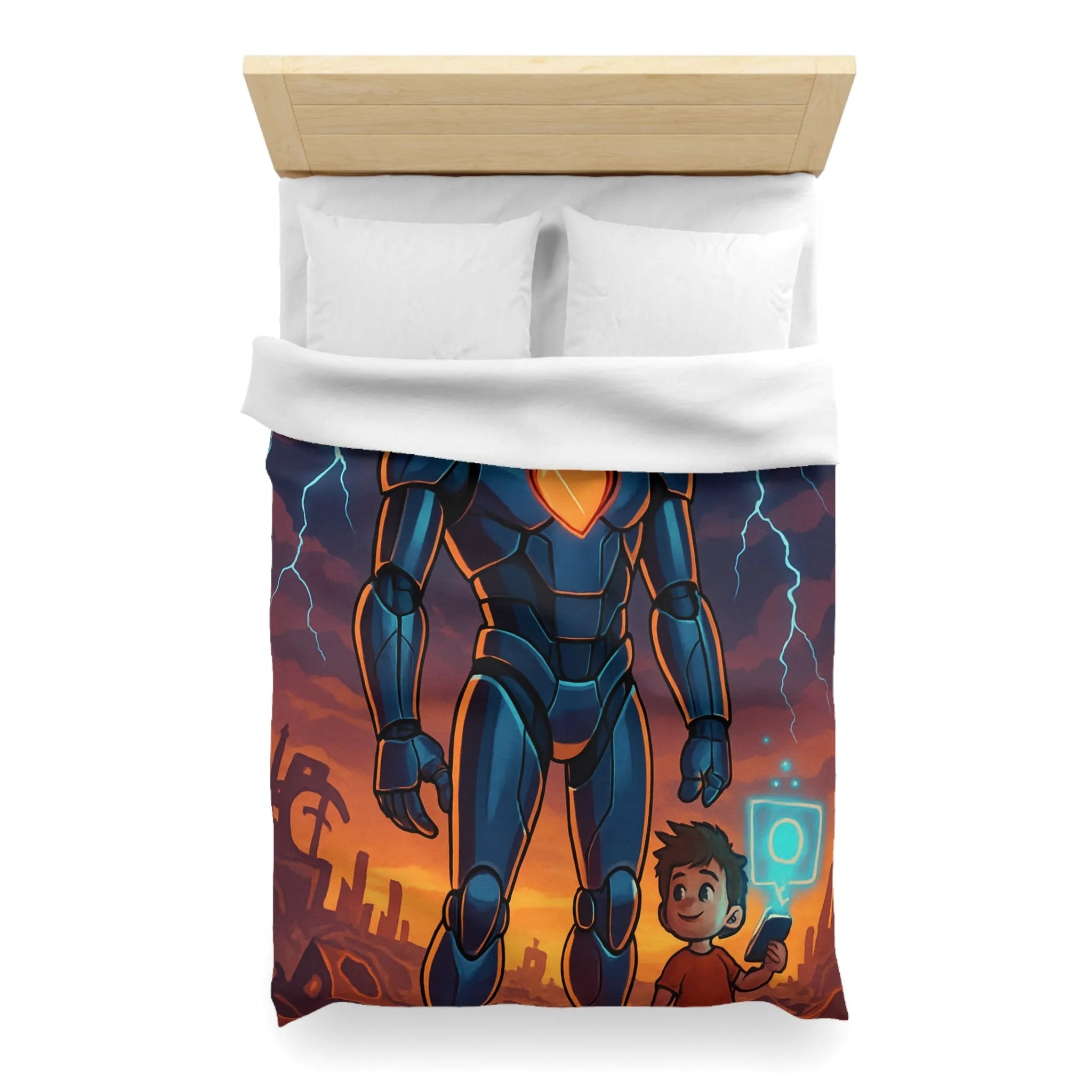 Housse de couette illustrée robot et enfant avec cœur lumineux et ciel orageux