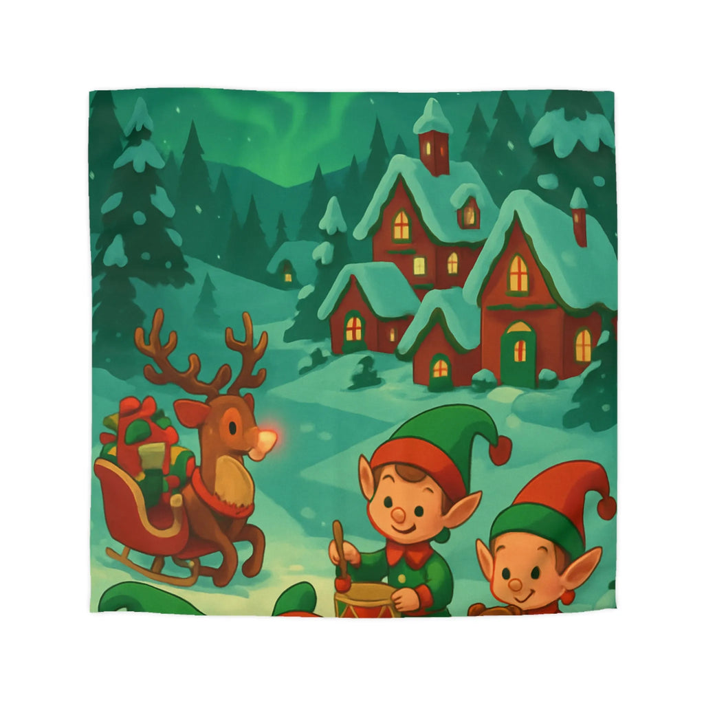 Housse de Couette Enchantée avec Lutins et Aurores Boréales dans Paysage d’Hiver Givré