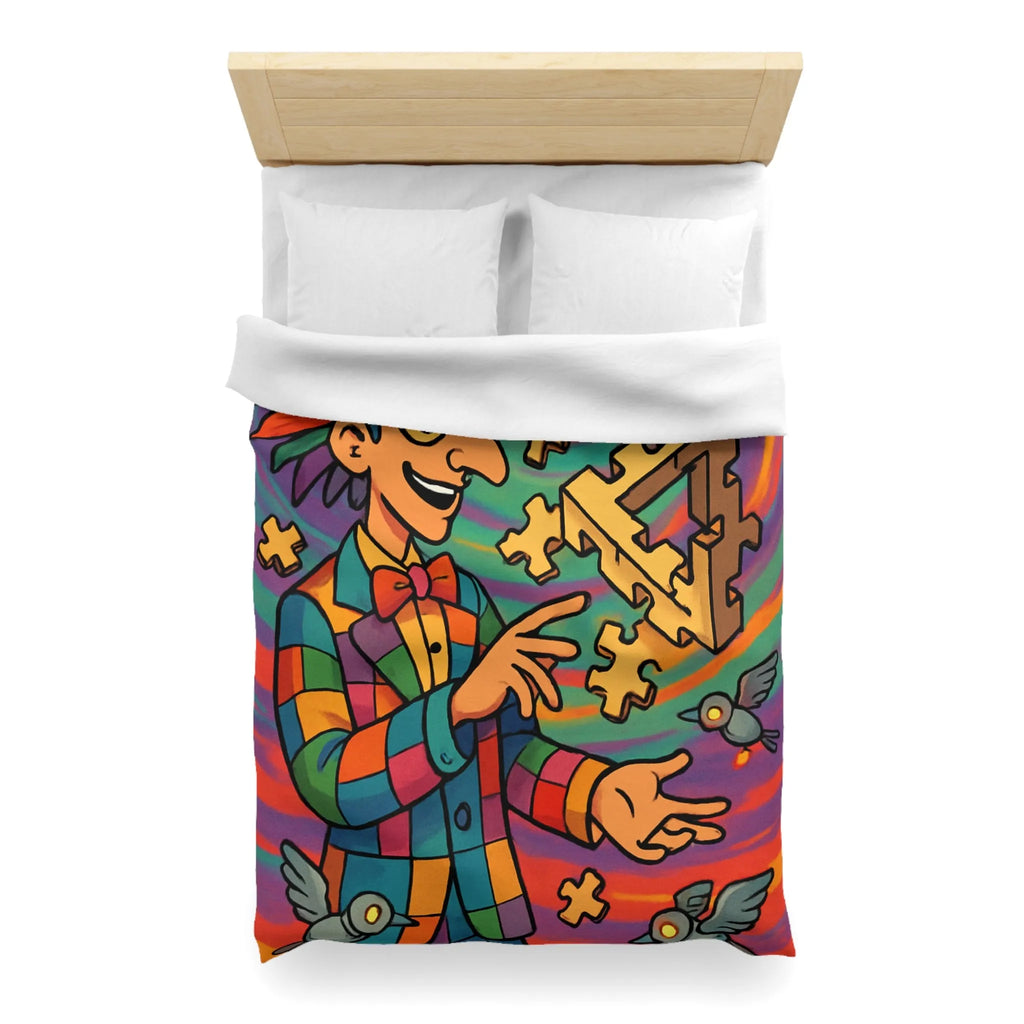 Housse de couette colorée avec illusion d'optique géométrique et motif de clown vibrant