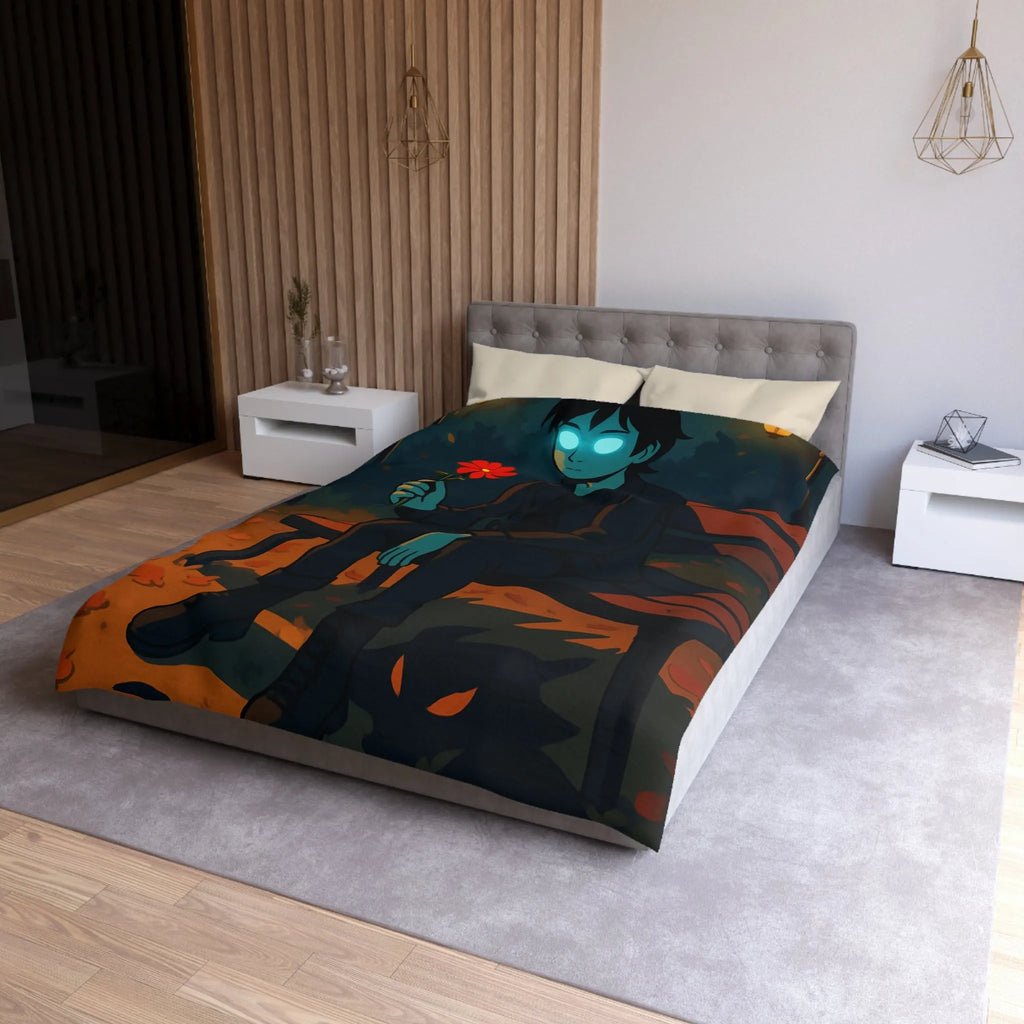 Housse de couette de parc nocturne mystérieux avec personnage sombre aux yeux lumineux