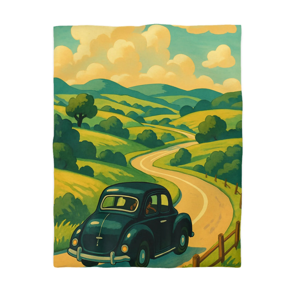 Charmante voiture rétro sur route sinueuse à travers collines verdoyantes et ciel ensoleillé