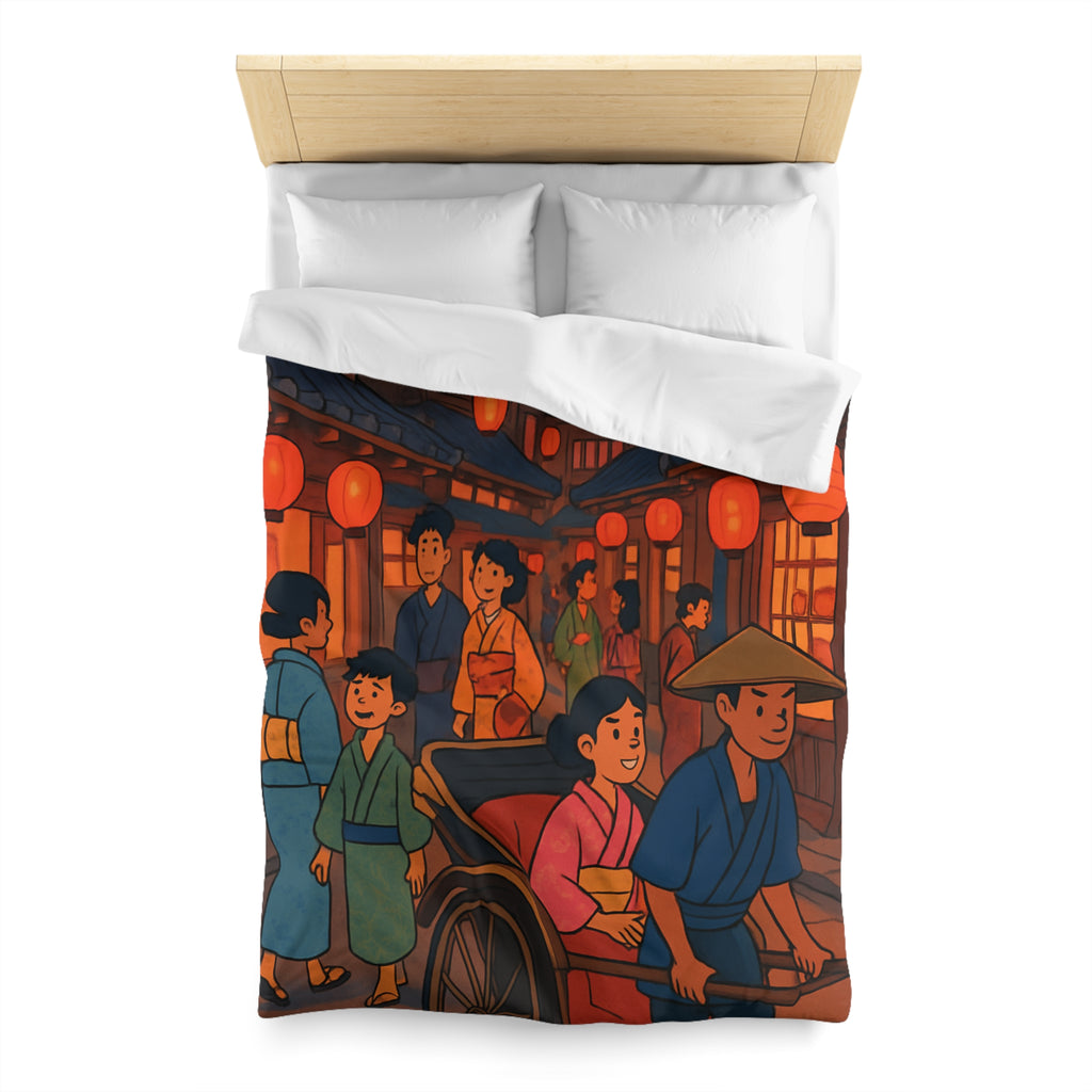 Housse de couette nocturne rouge et jaune avec lanterne et scène japonaise animée