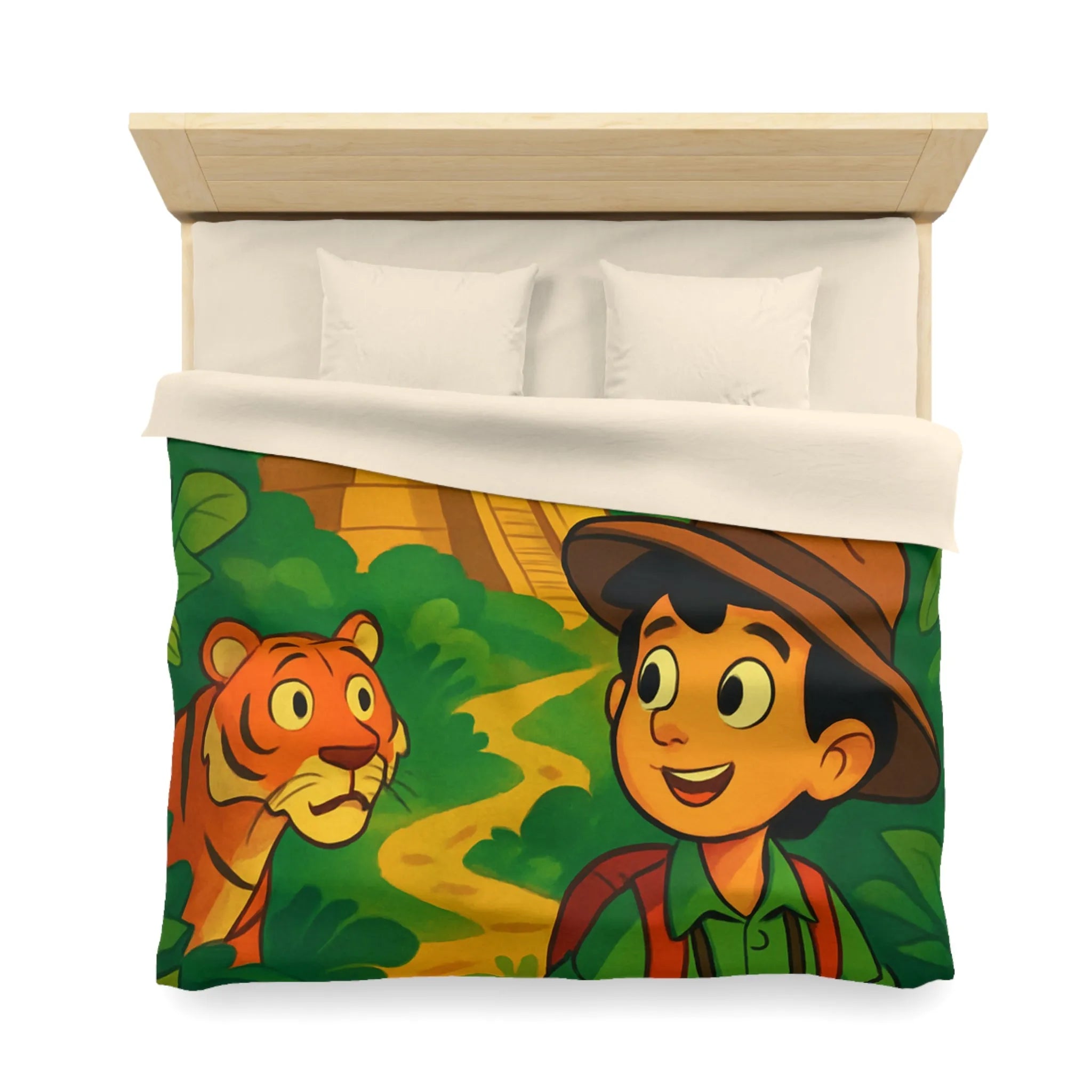 Housse de couette aventure jungle pour enfants avec château et animaux exotiques colorés