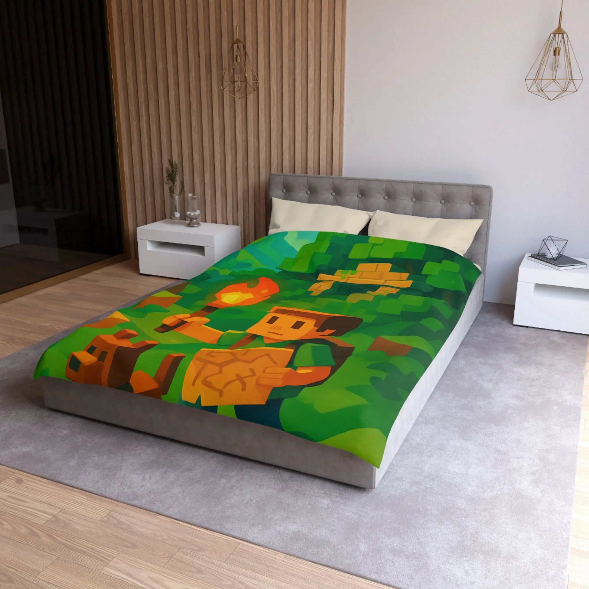 Explorez un monde aventureux et mystique avec cette housse de couette pixelisée géométrique