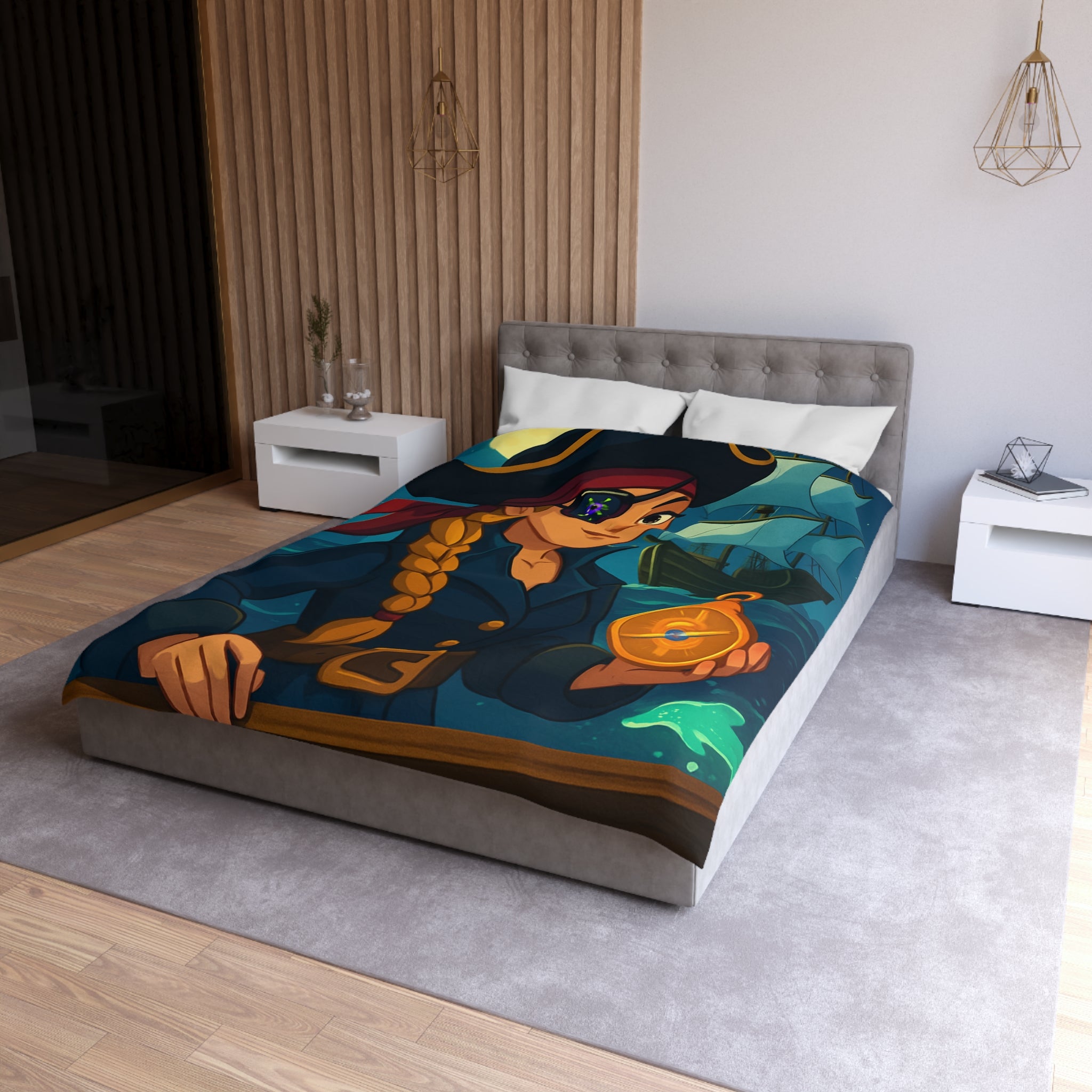 Housse de couette pirate colorée avec femme audacieuse, boussole et bateau illuminé