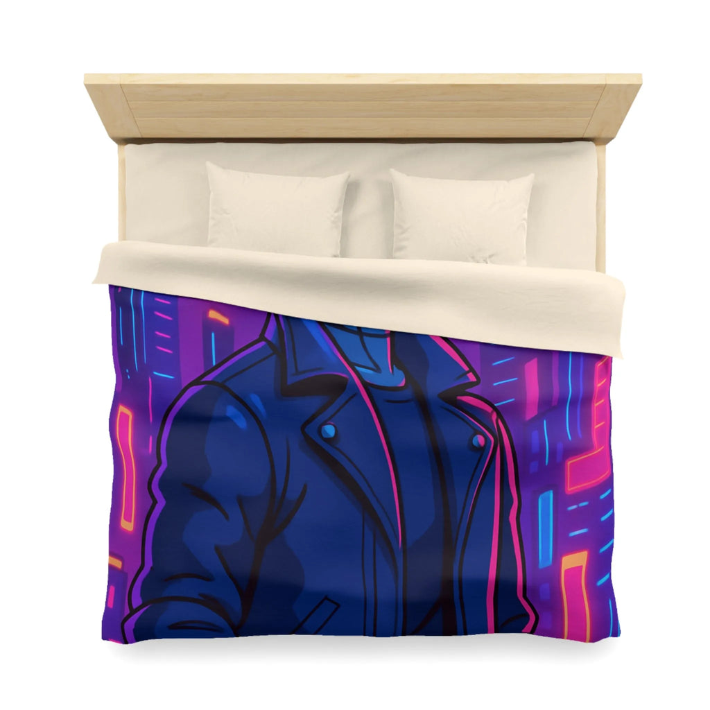 Housse de couette bleu nuit motif rétro-futuriste avec robot et gratte-ciel néon