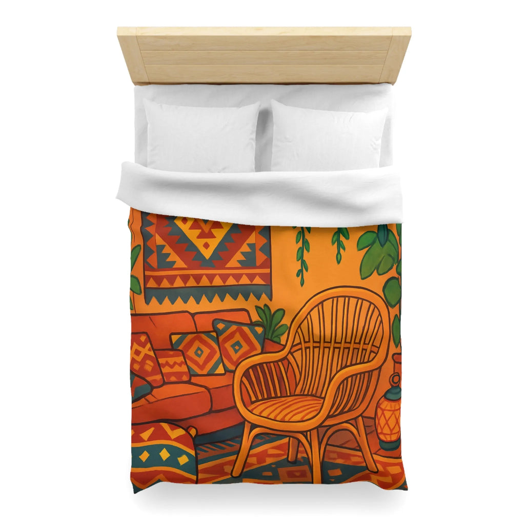 Housse de Couette aux Motifs Géométriques Bohèmes avec Tons Oranges et Bleus Éclatants