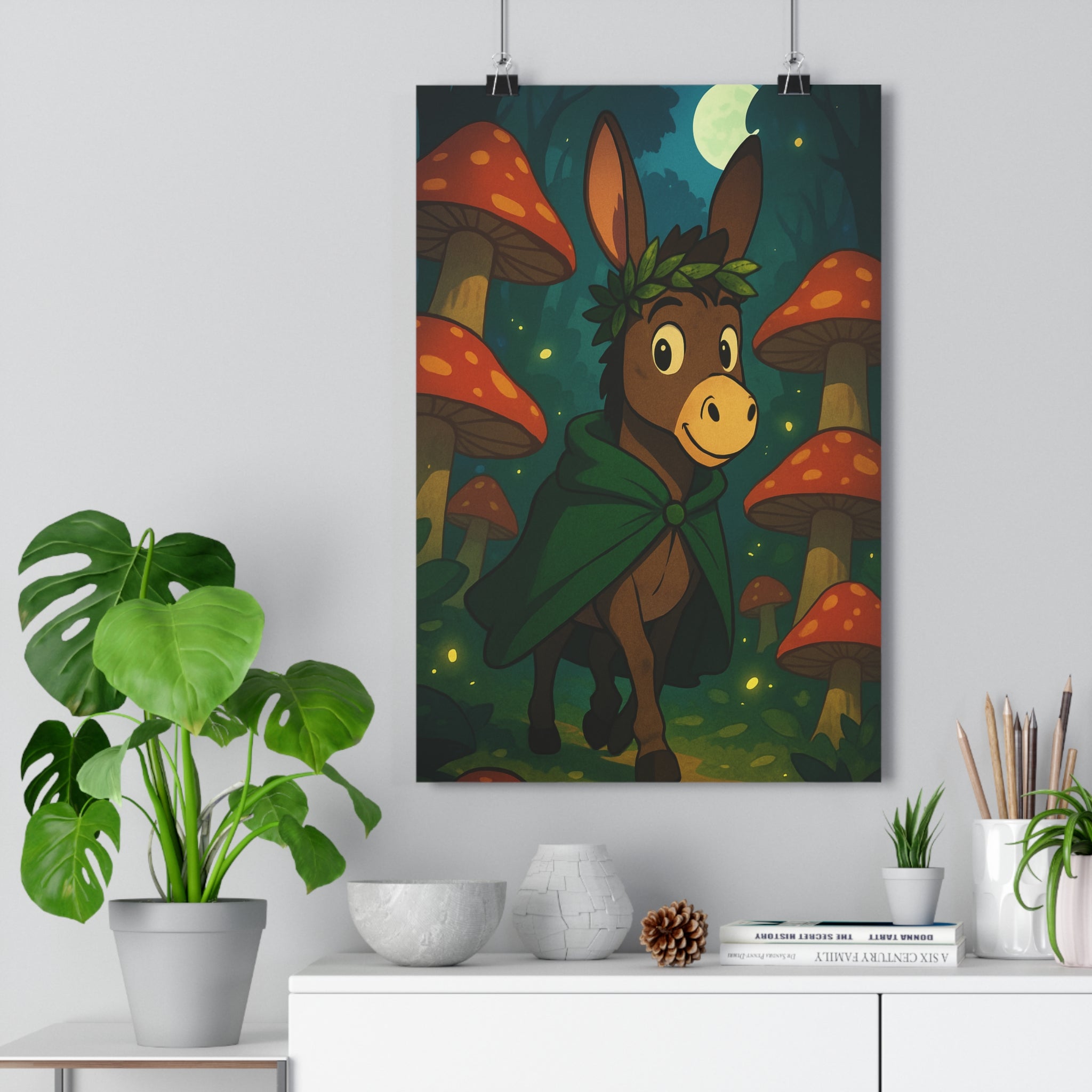 Poster décoratif âne forêt enchantée coloré magique féerique chambre enfant art nature ambiance champignons