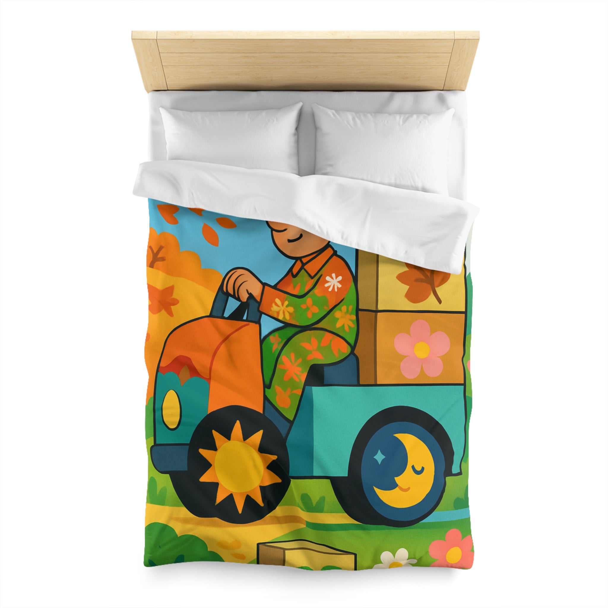 Housse de Couette Paisible Illustrant un Paysage Automnal avec Motifs Floraux et Naturels