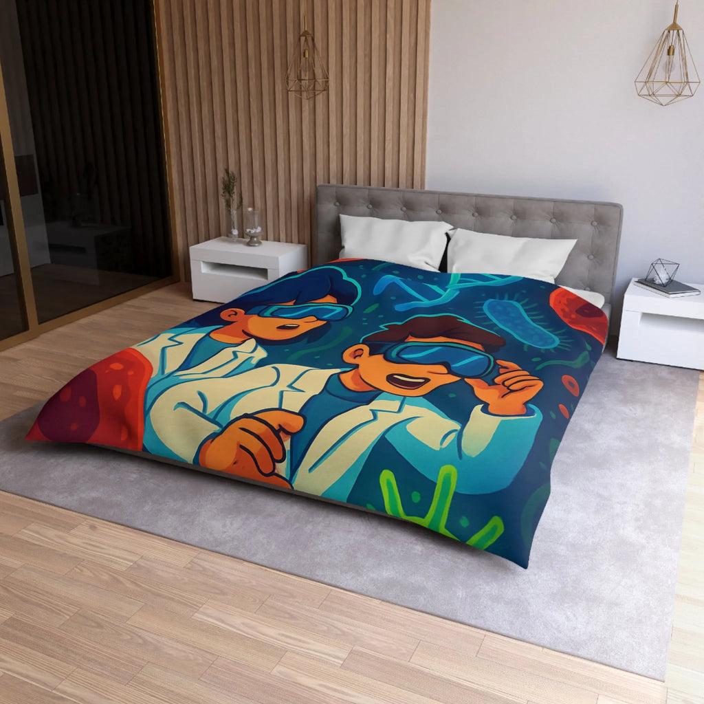 Drap housse scientifique ludique avec chercheurs et microbes éclatants en couleurs vibrantes et vives