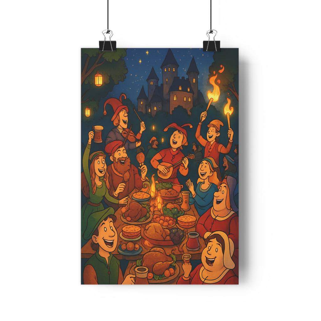 Poster décoratif médiéval festif doré rouge vert aventure salon chambre château personnages extérieur étoilé