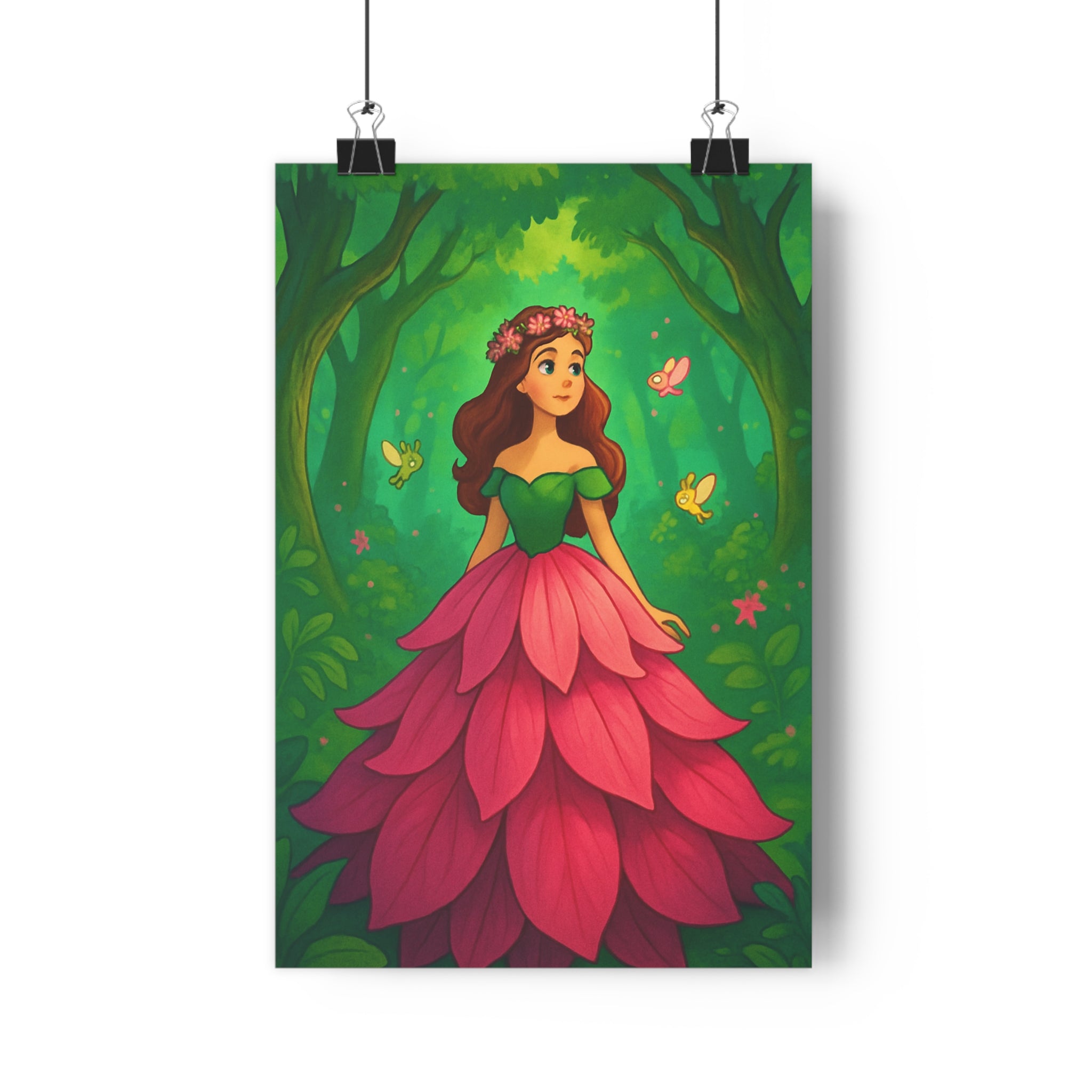 Poster décoratif floral féerique vert rose cartoon fantaisie chambre enfant salon nature magique vibrant
