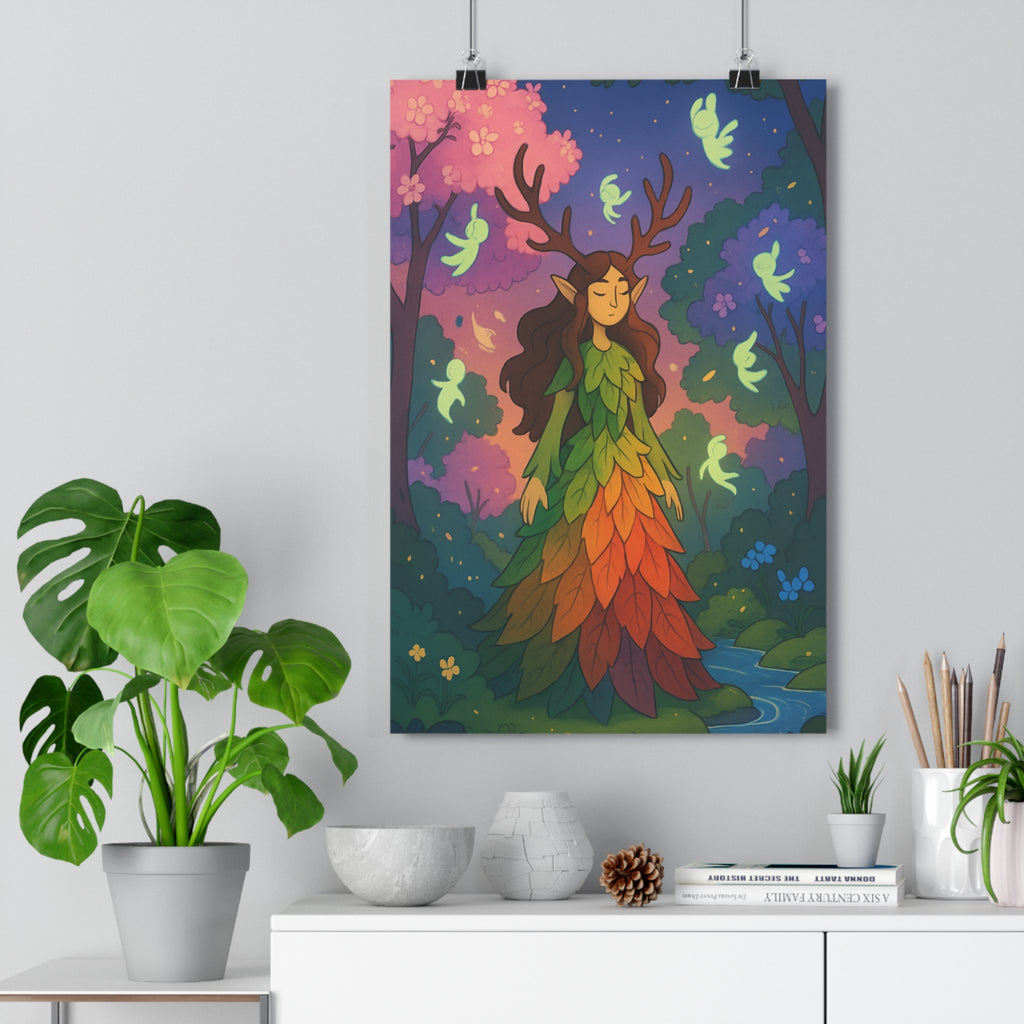 Poster décoratif mystérieux art nature vert rouge mystique salon chambre apaisant forêt nature boisée