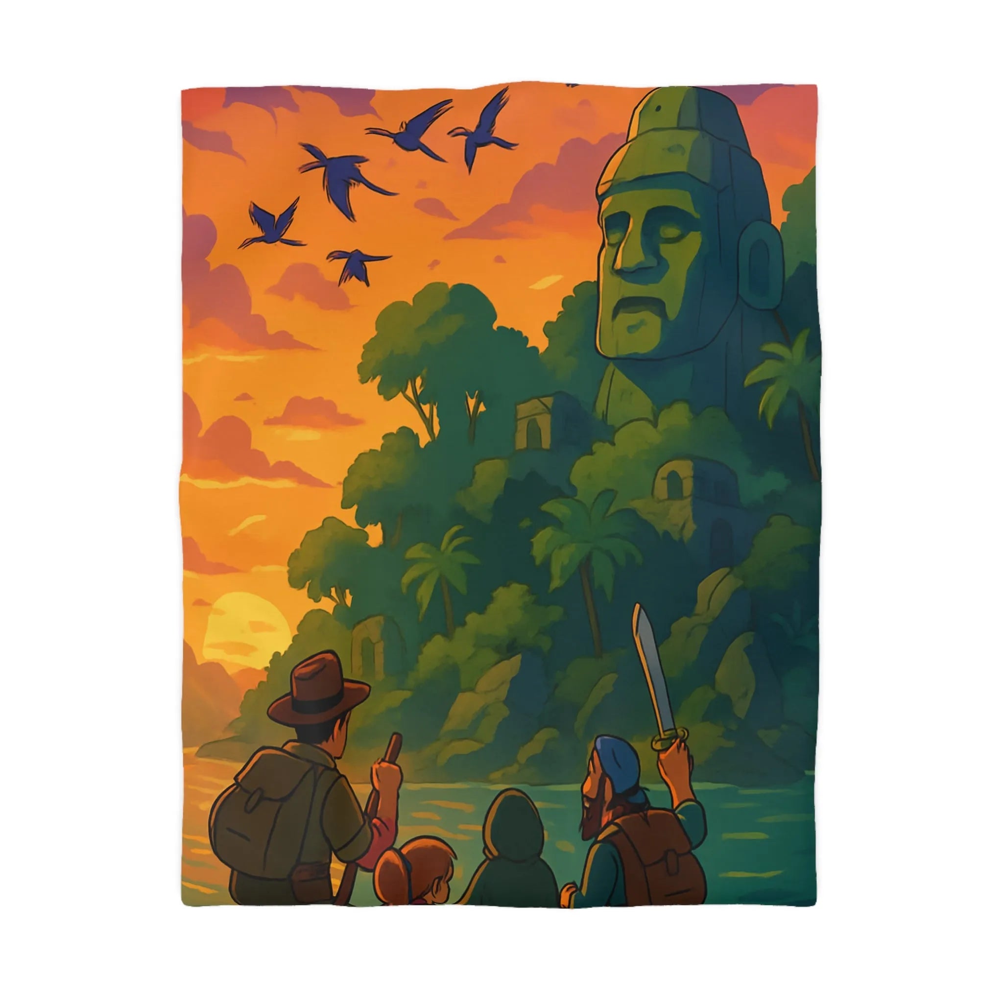 Housse de couette aventureuse avec scène tropicale au coucher du soleil et ruines mystérieuses