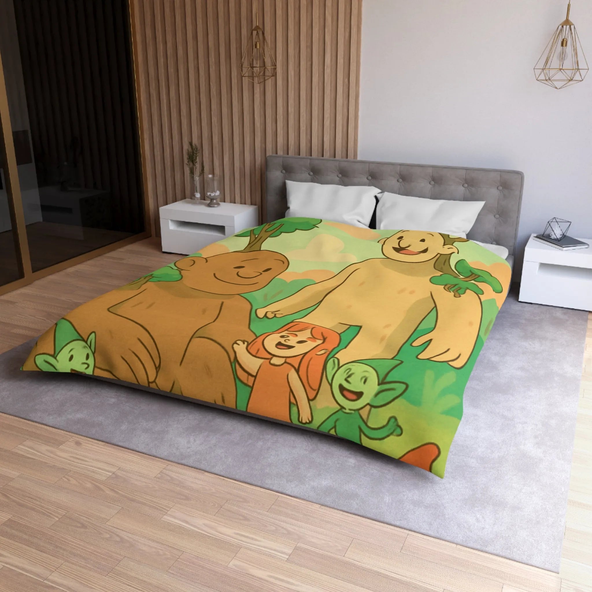 Housse de couette fantastique avec géants arborés et lutins dans une forêt enchantée