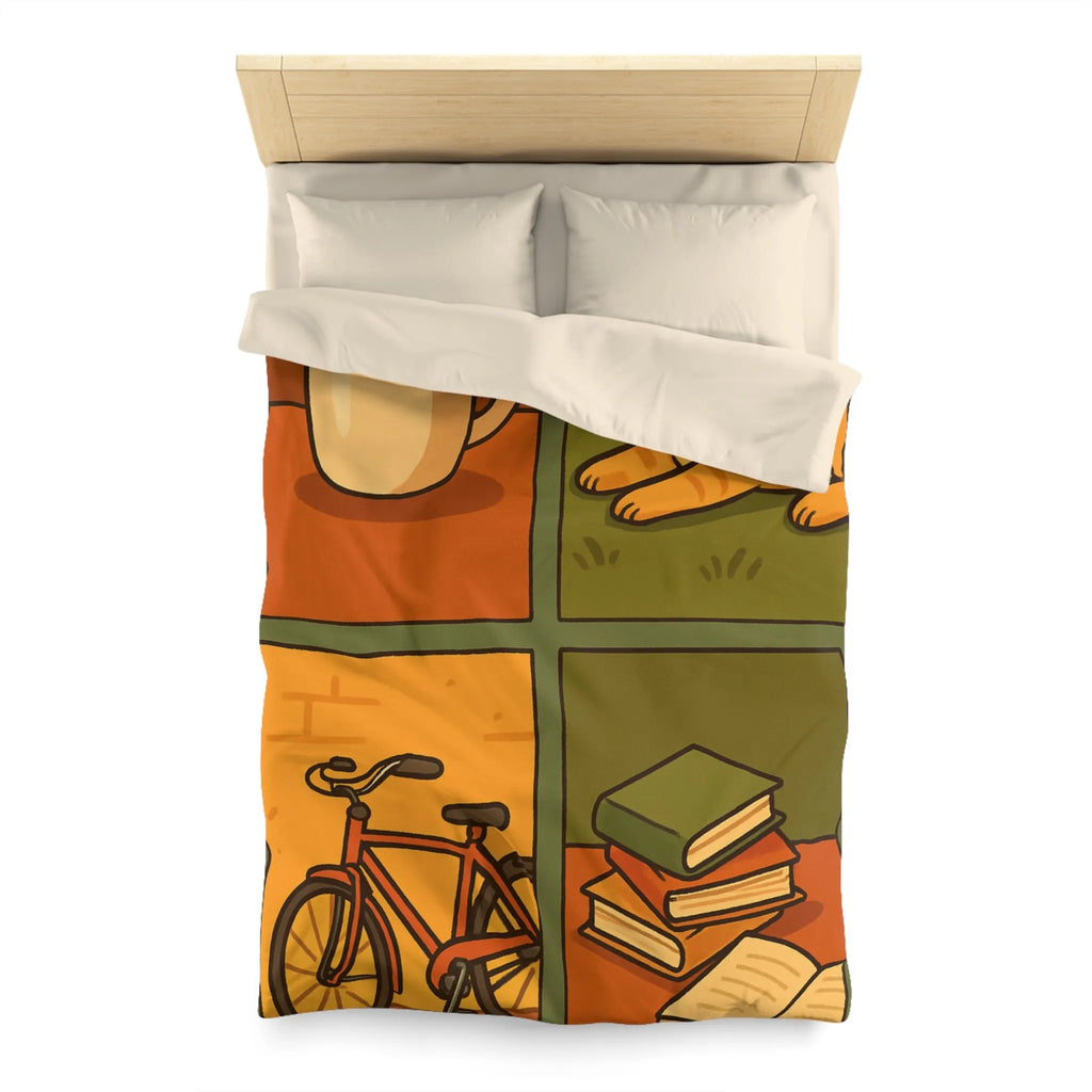 Housse de Couette Décontractée avec Chat Orange, Café, Vélo et Livres Colorés