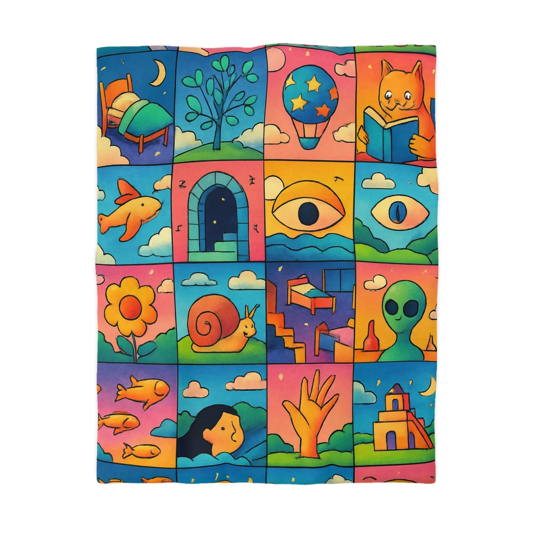 Housse de couette colorée avec motifs surréalistes, animaux et paysages de rêve