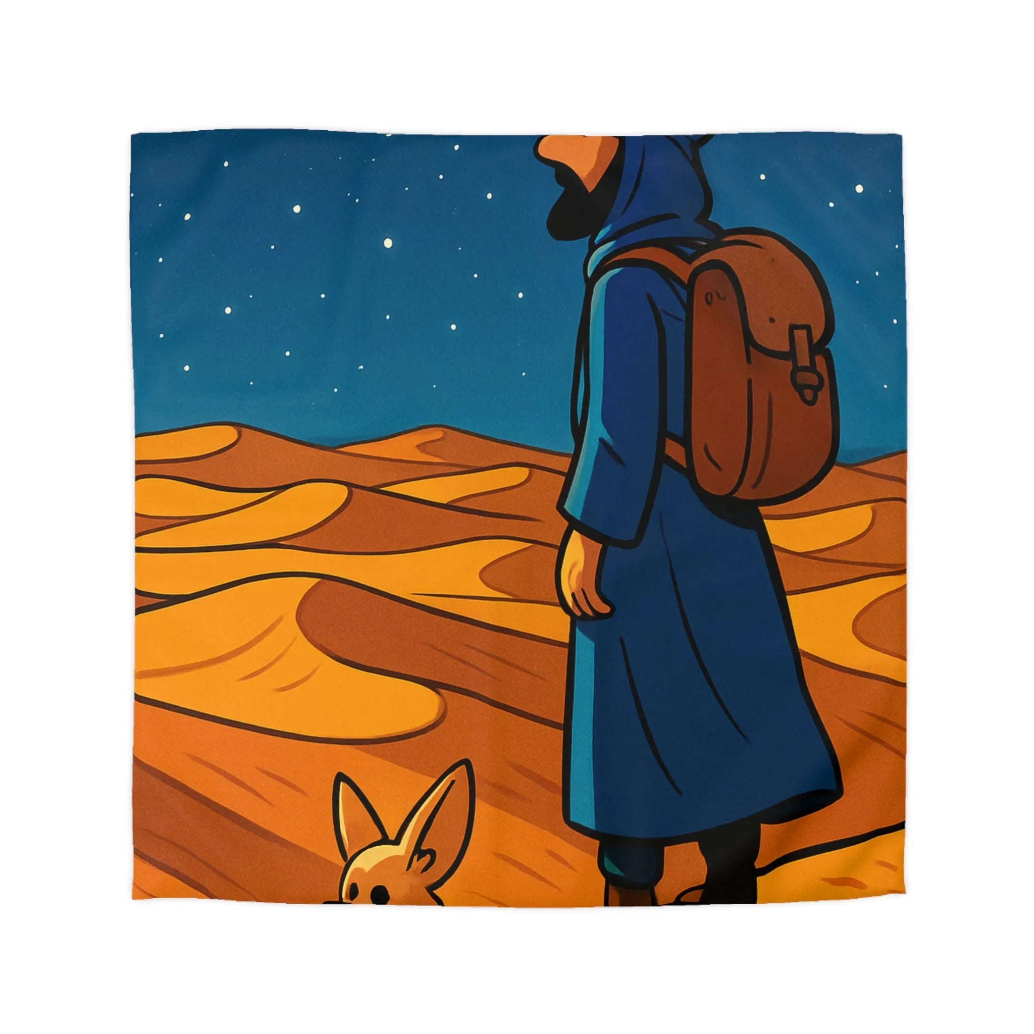 Housse de Couette Désert Nocturne Nomade Bleu Étoilé et Renard des Sables Enchanté