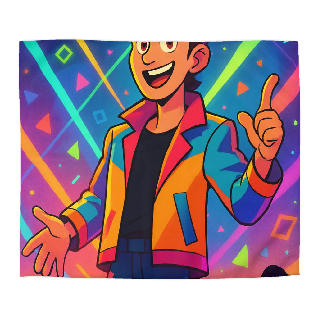 Housse de couette colorée avec personnage animé, haute énergie, motifs géométriques vibrants