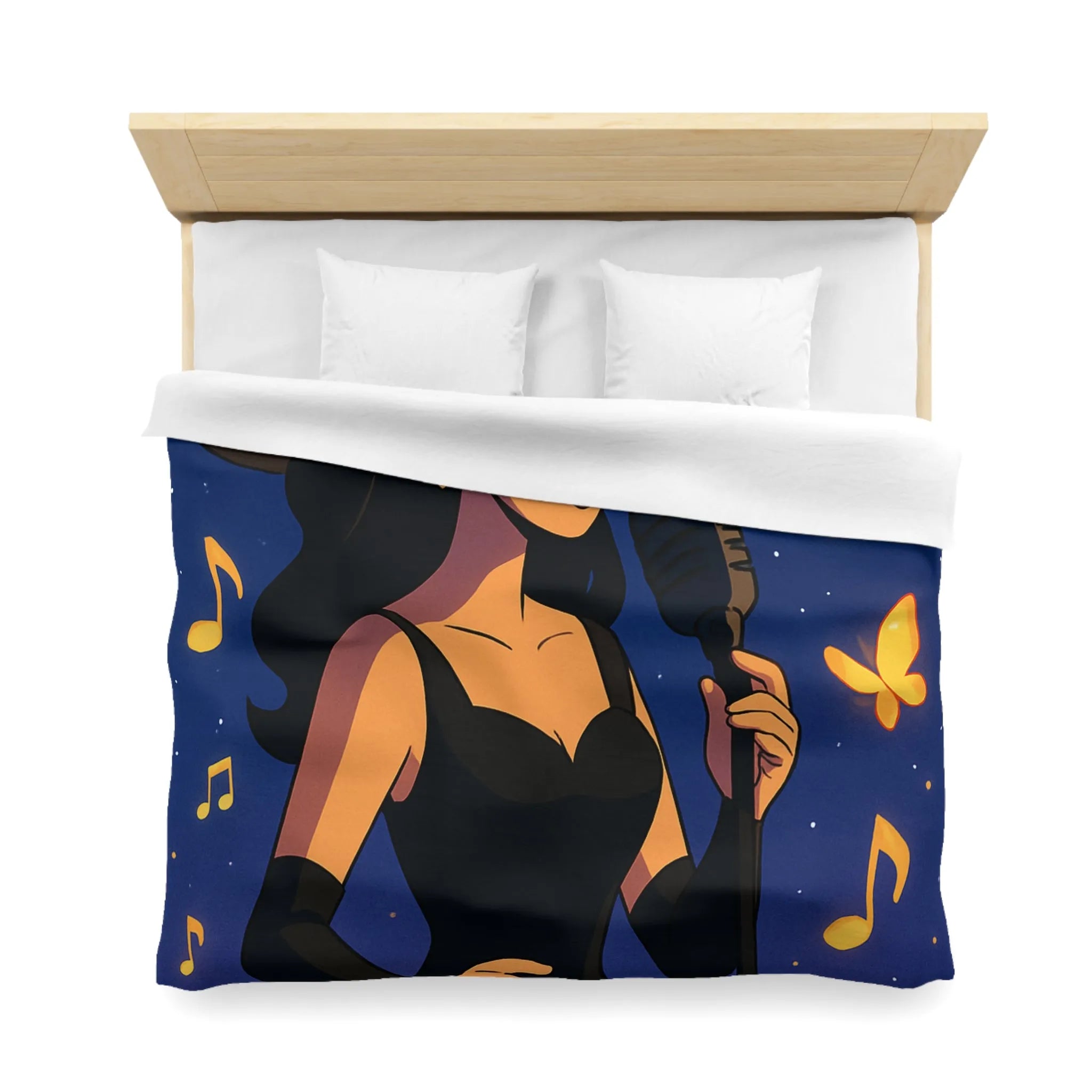 Élégant design musicien nocturne avec notes dorées et papillons sur fond étoilé bleu