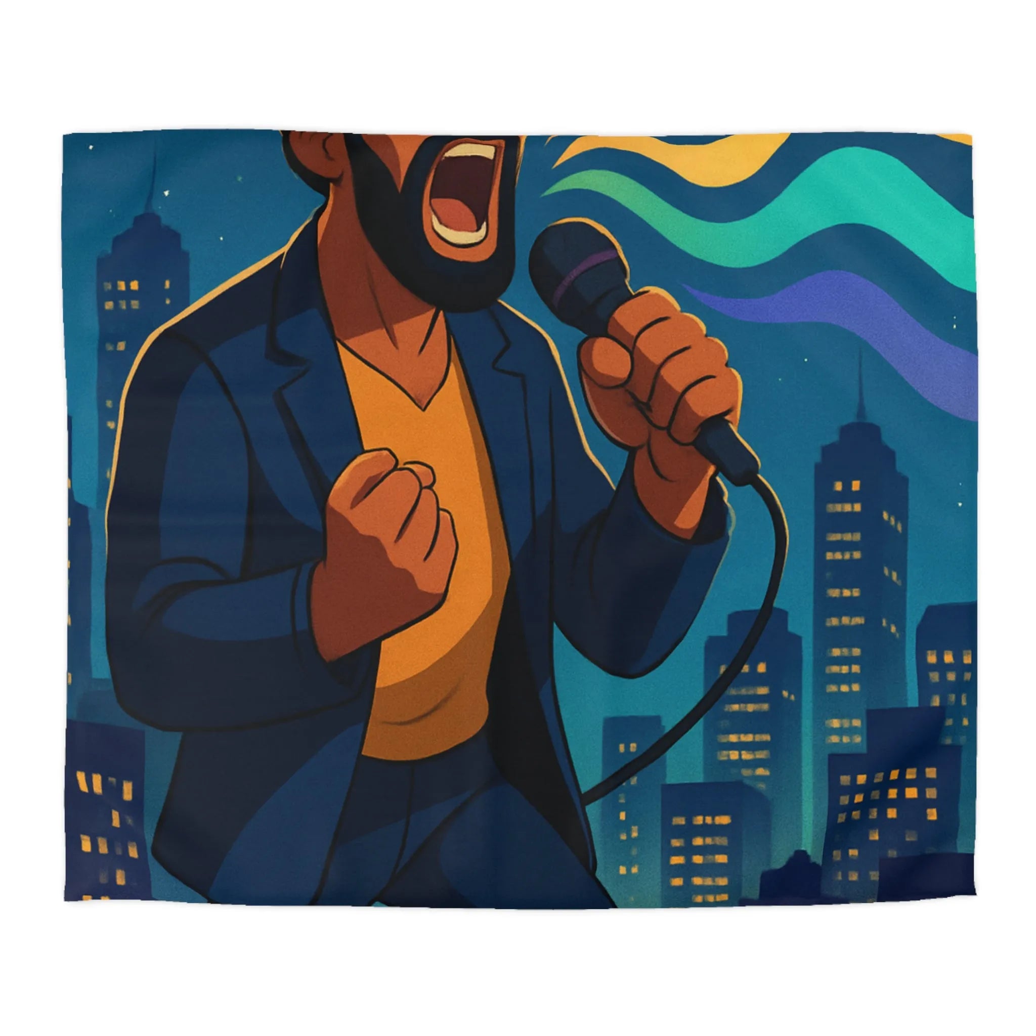 Housse de couette artistique : chanteur vibrant avec coucher de soleil et gratte-ciels