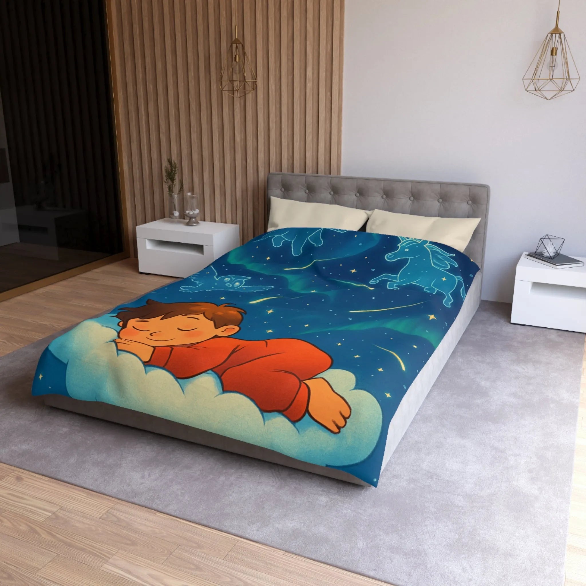 Housse de couette enfant étoilée avec animaux et motifs célestes colorés