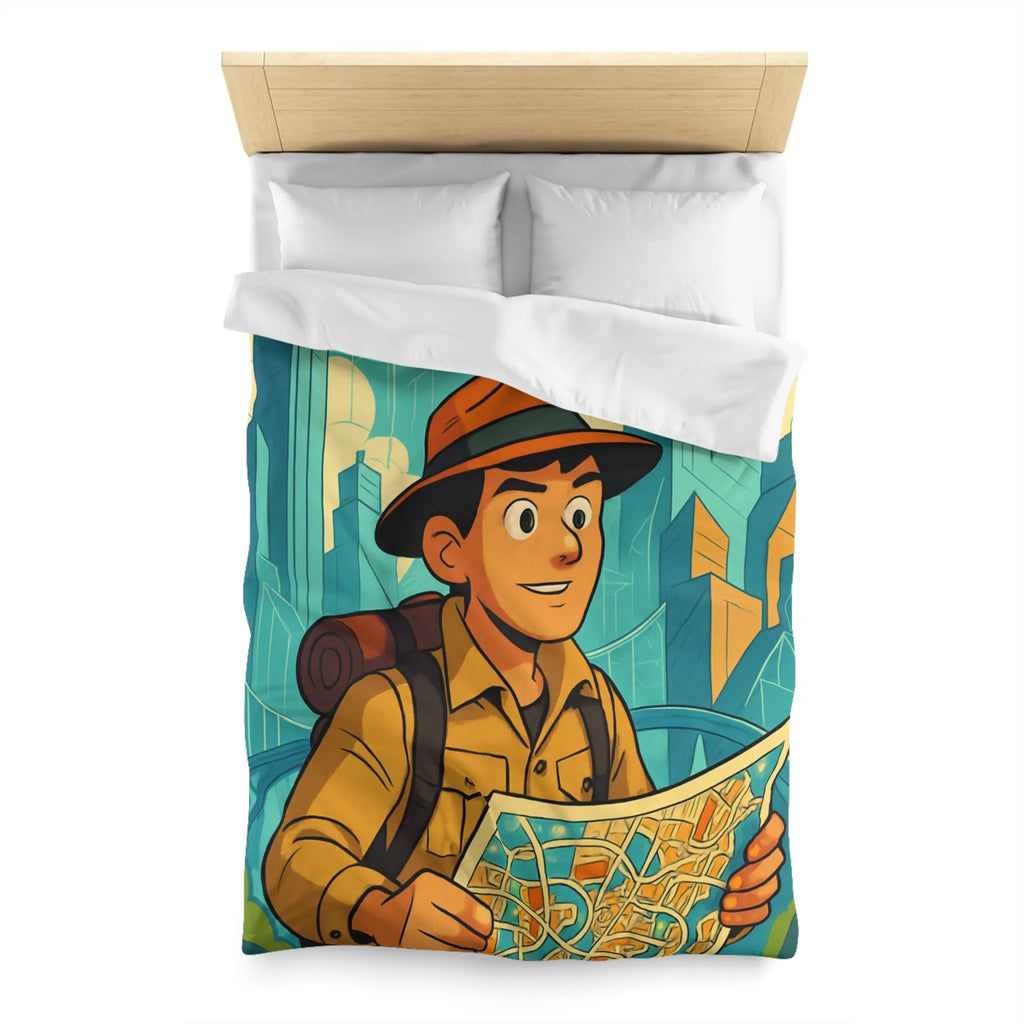 Découverte urbaine vibrante : jeune explorateur avec carte et gratte-ciels illustrés