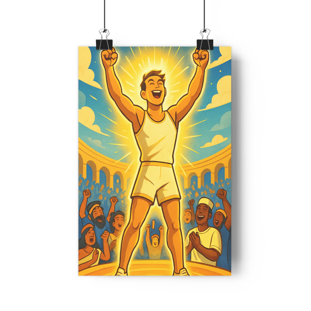 Poster décoratif athlète triomphe cartoon classique bleu jaune joyeux sport chambre format 30x46 qualité