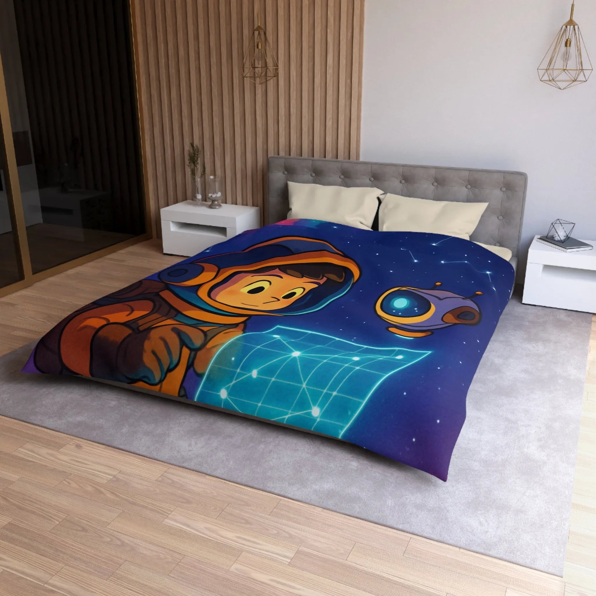 Housse de Couette Enfantine Astronaute et Robot Explorent le Ciel Étoilé Fantastique