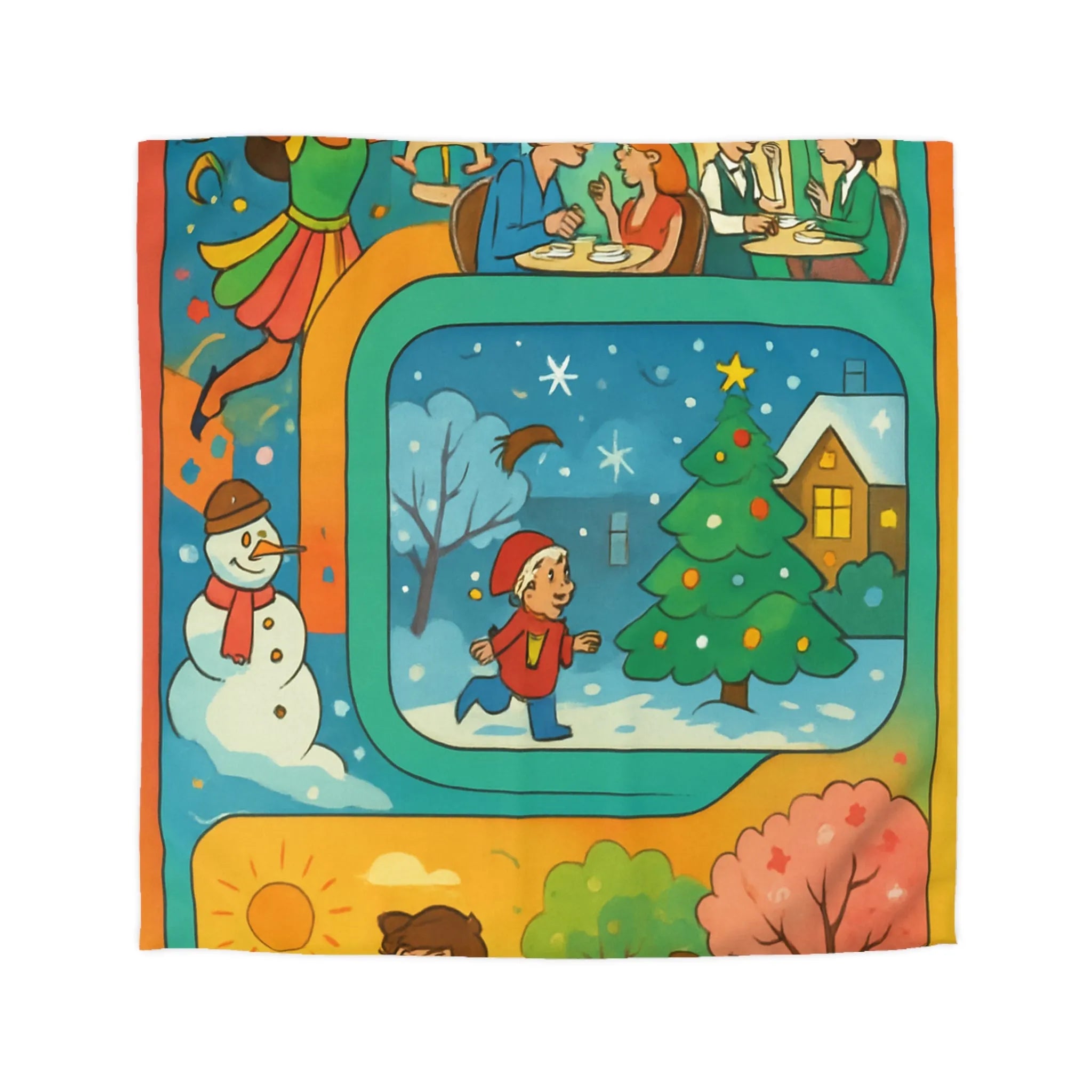 Housse de couette colorée illustrant quatre saisons et festivités pour enfants