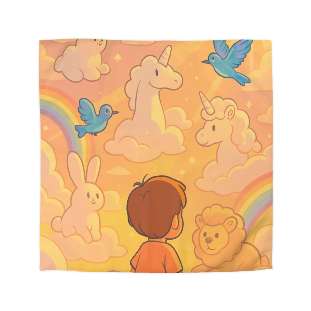 Housse de Couette Enfantine avec Licornes, Lapins et Oiseaux dans les Nuages Pastels